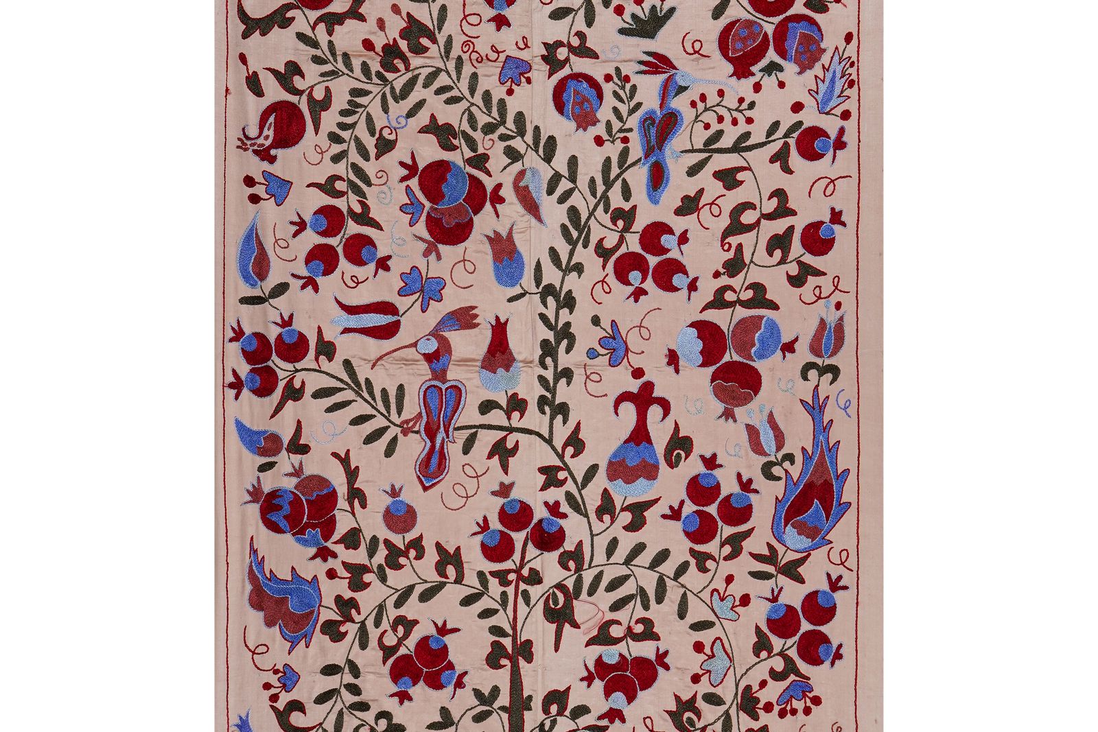 Beige Uzbek Suzani Wall Hanging – Tree Of Life Pomegranate Embroidery Textile Art 3'5'' X 6'2'' photo for sale