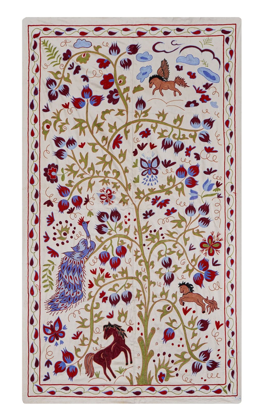 Uzbek Suzani Embroidered Wall Hanging – Peacock, Horse & Tree Of Life Design 3'6'' X 6' photo for sale