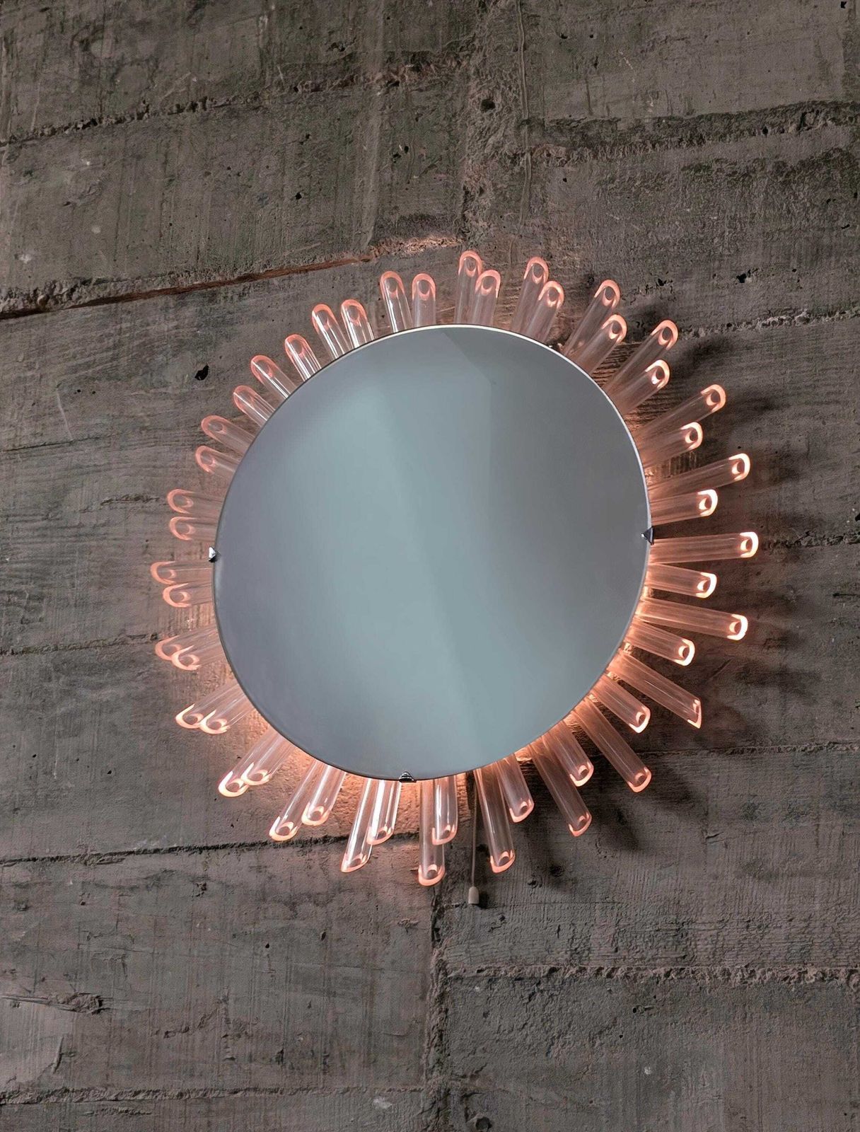 Mid Century Modern Sun Mirror Wall Mirror In Lucite With Pink Light, 1970s photo furniture