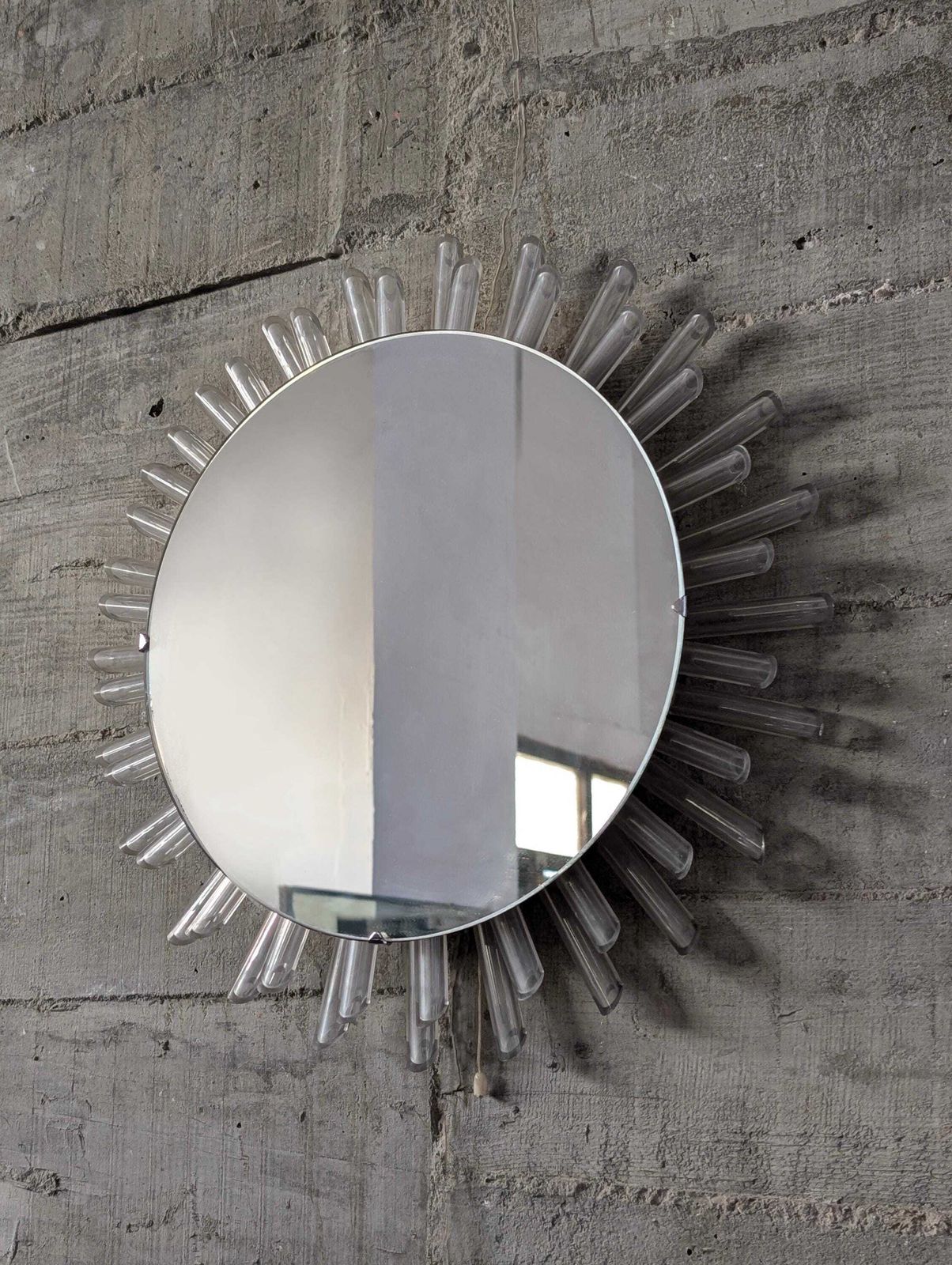 Mid Century Modern Sun Mirror Wall Mirror In Lucite With Pink Light, 1970s photo vintage
