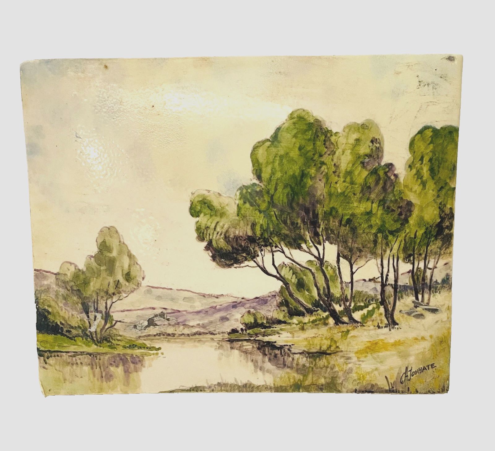 "Country Landscape" Oil On Porcelain Plate 20th Century