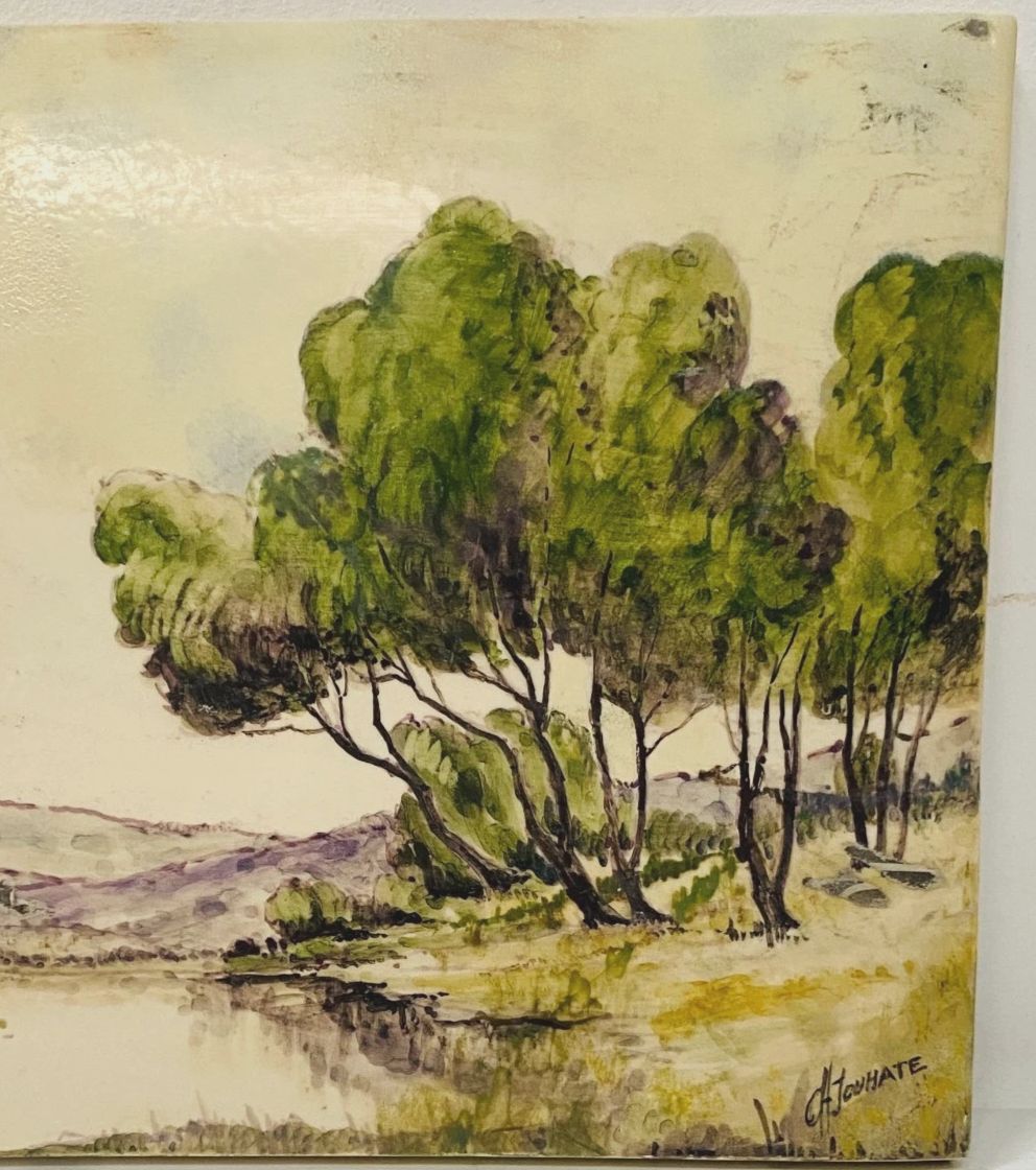 Art "Country Landscape" Oil On Porcelain Plate 20th Century photo