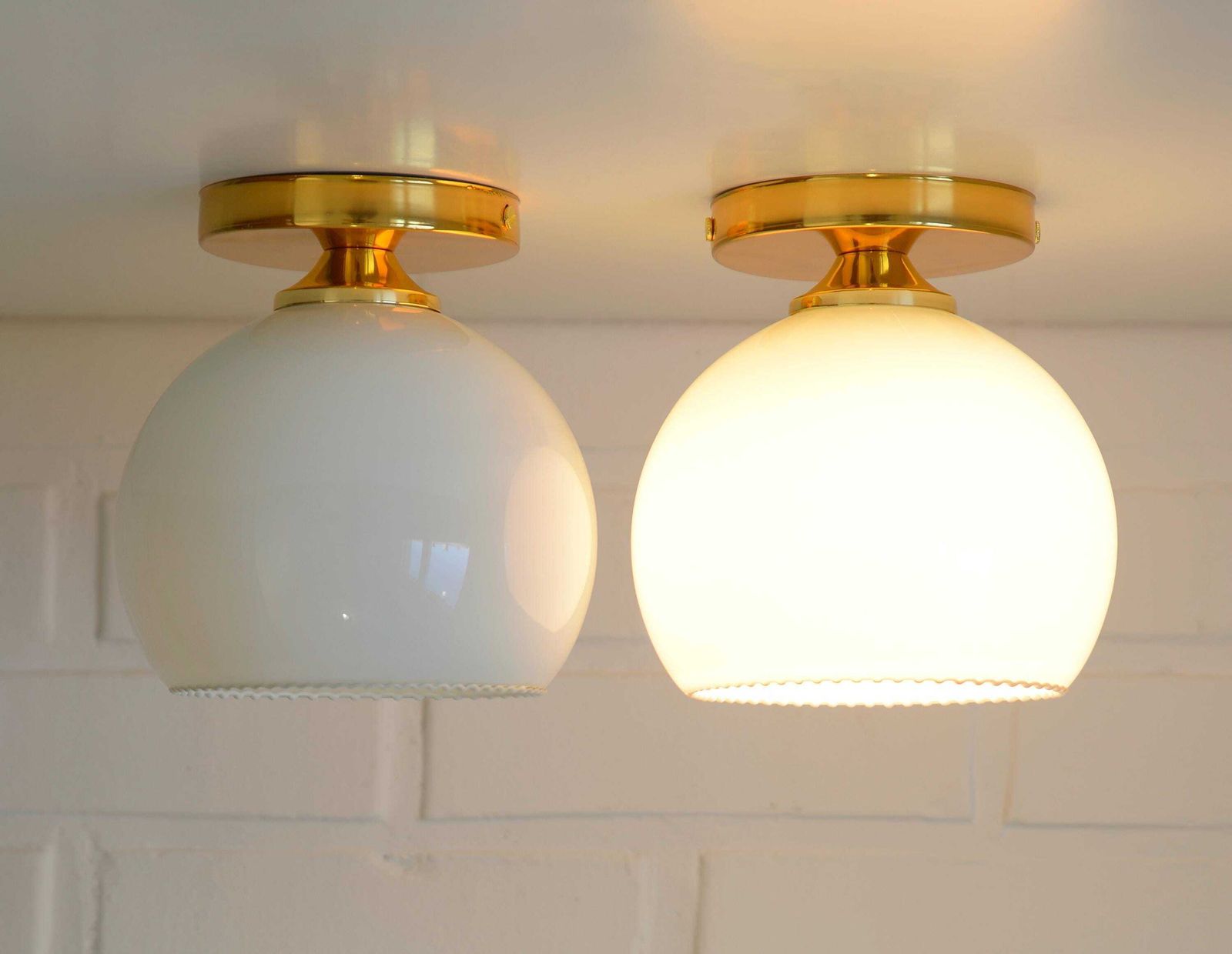 Set Of 2 Hand Blown White Glass Sconces / Redesign Vintage Gold Ceiling Lighting / Flush Mount Lights photo vinterior