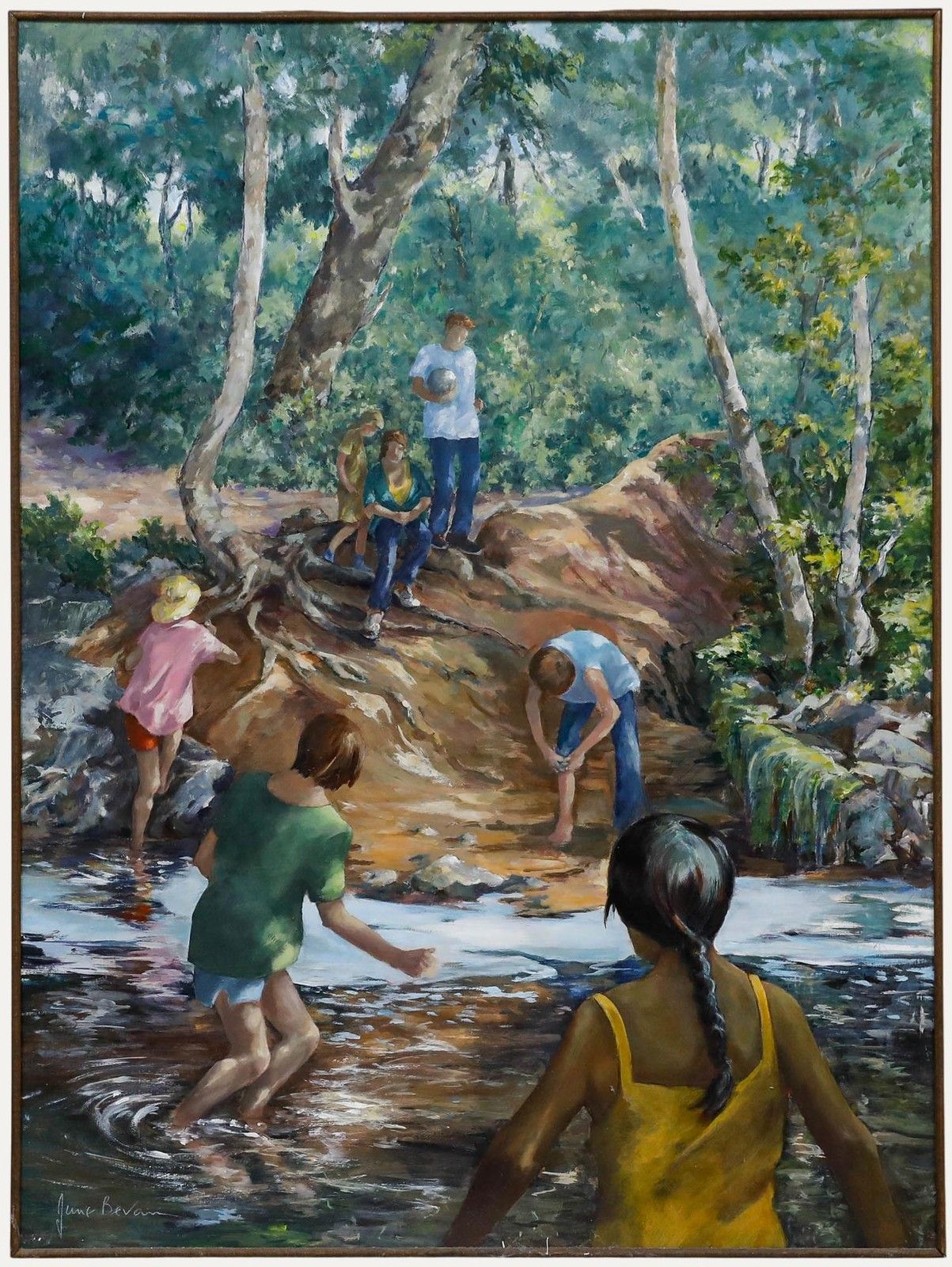 June Bevan (B.1927) 20th Century Acrylic, Children Paddling In Bramhall Park