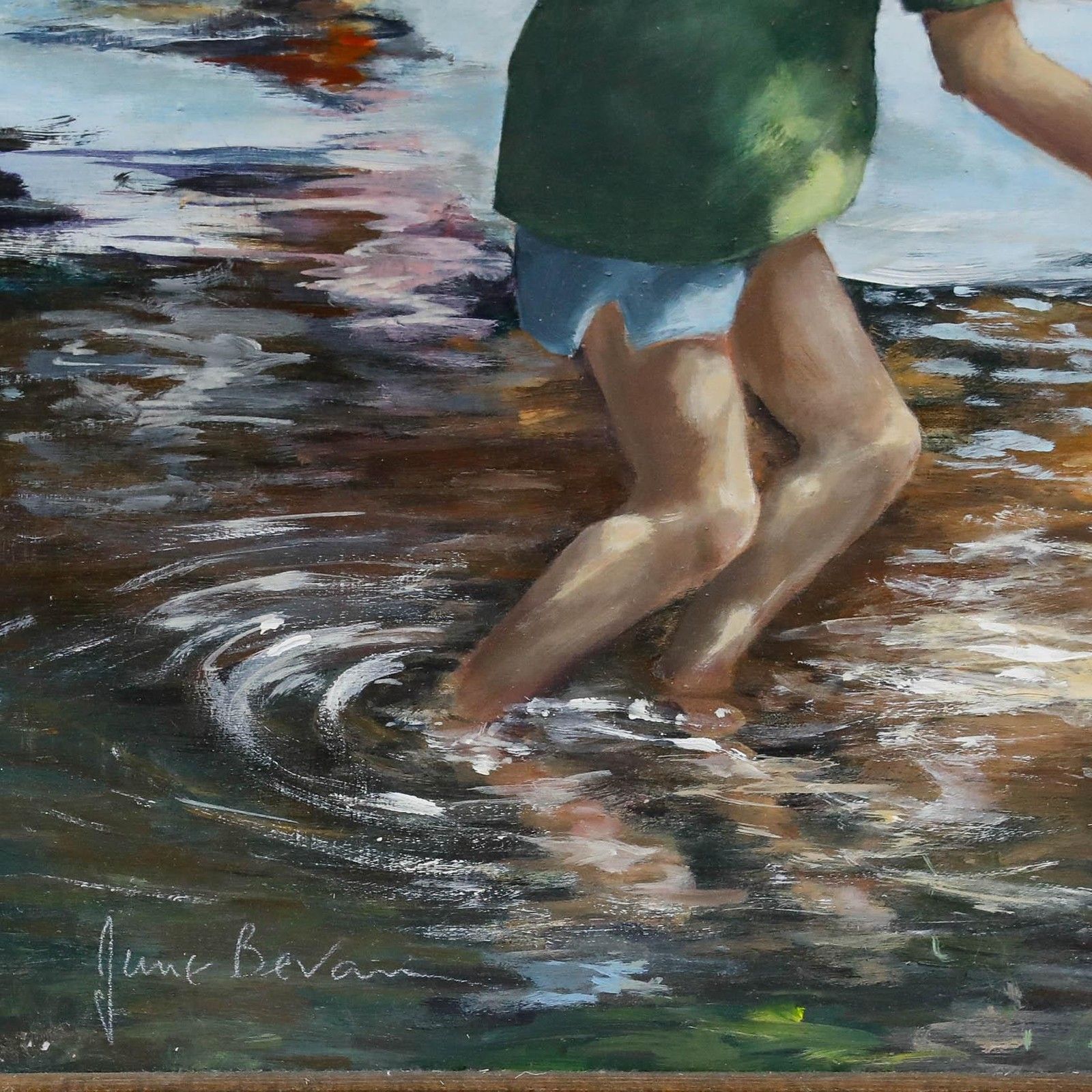 June Bevan (B.1927) 20th Century Acrylic, Children Paddling In Bramhall Park photo buy