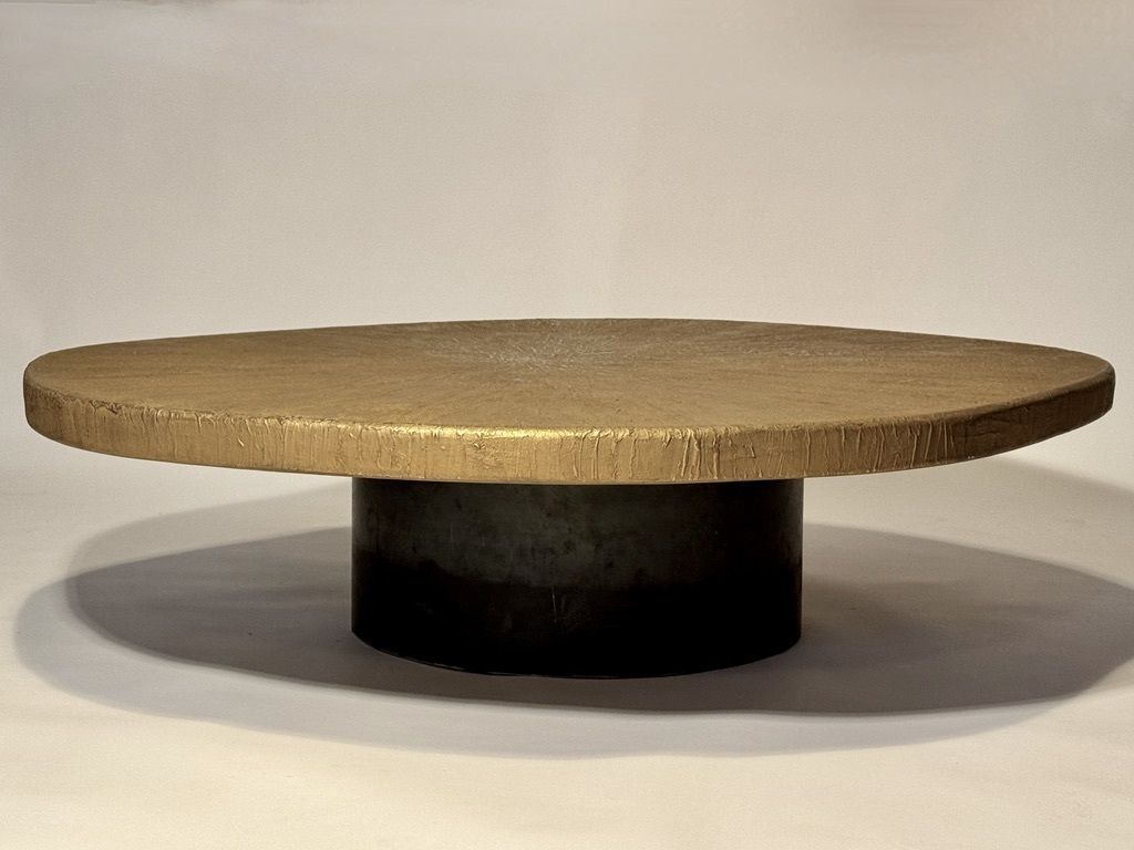 Late 20th Century Sculptural Roundish Brass Top And Blak Iron Coffee Table photo furniture