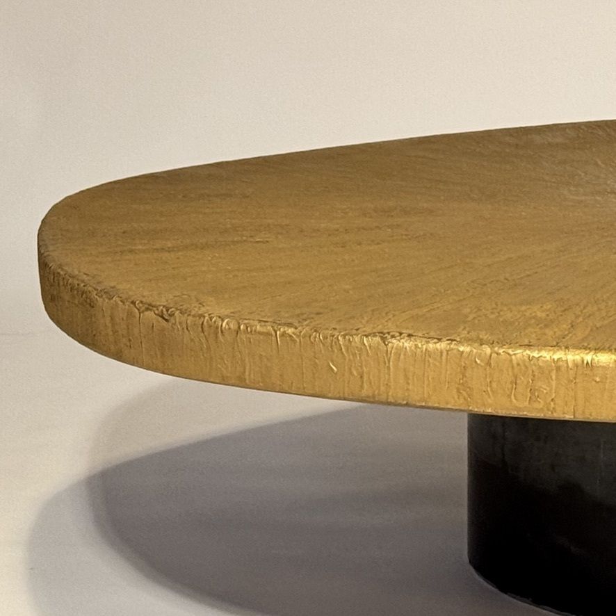 Late 20th Century Sculptural Roundish Brass Top And Blak Iron Coffee Table photo for sale