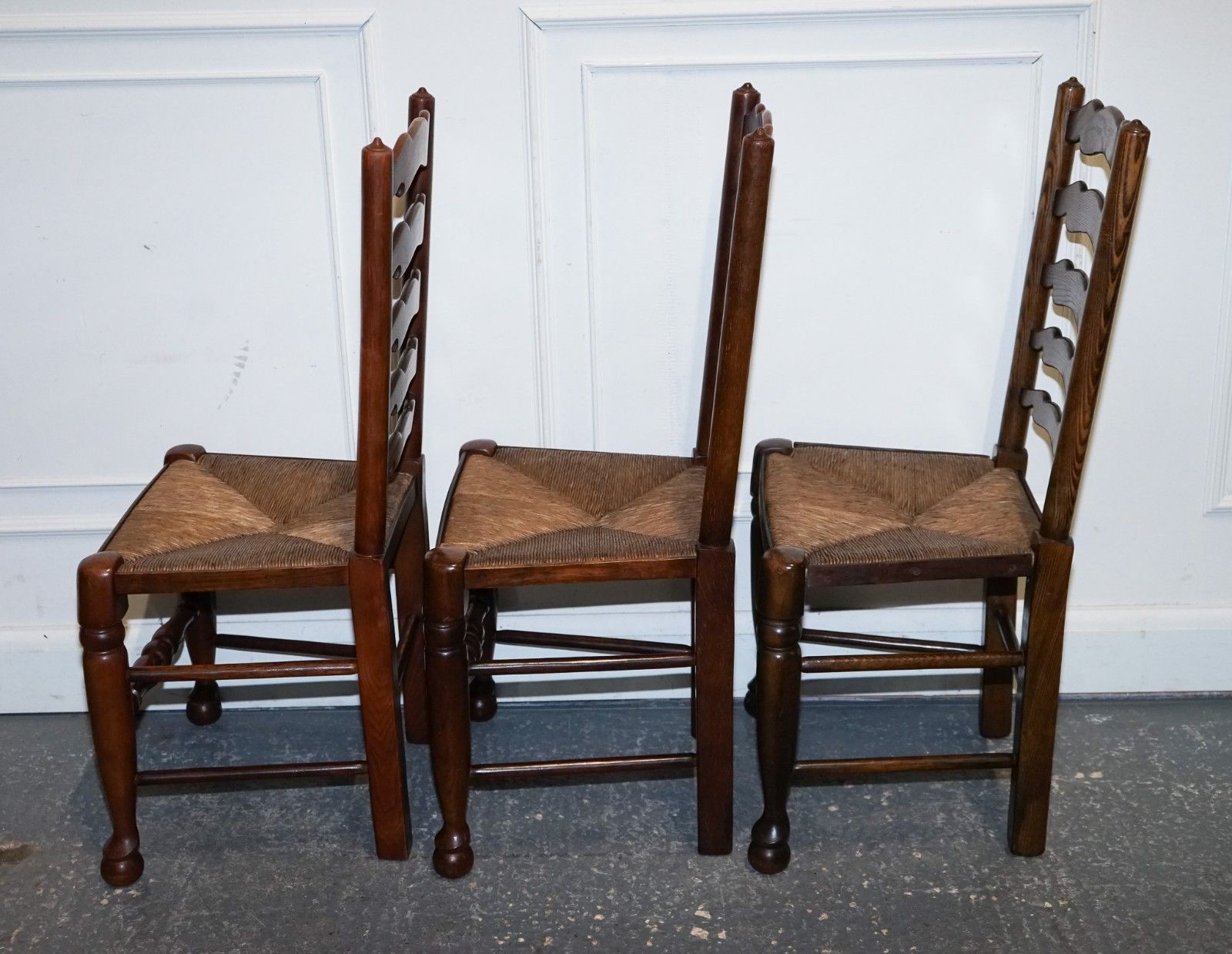 Set Of Six English Antique Circa 1910 Ladderback Rush Seat Dining Chairs photo vinterior