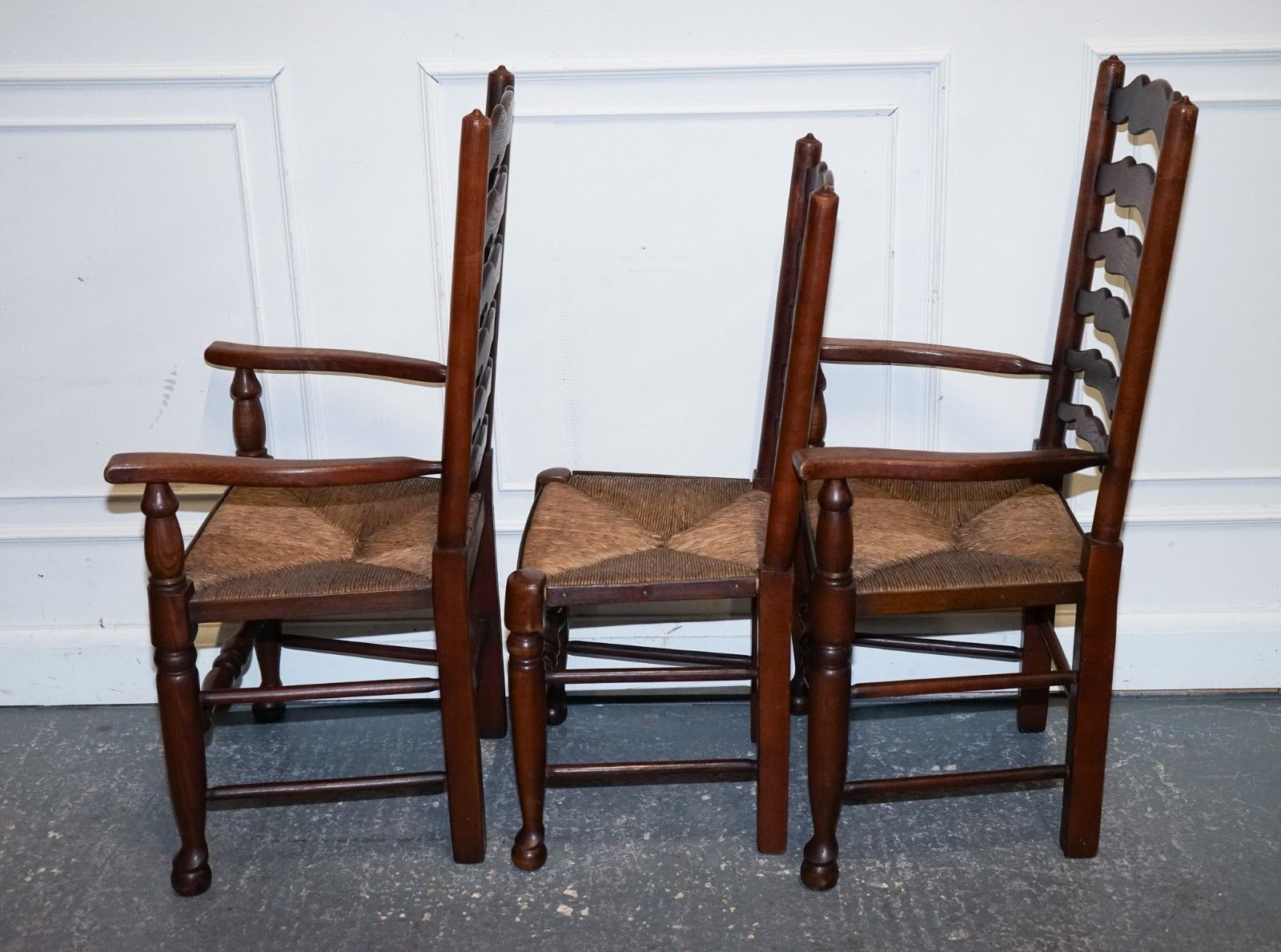 photo for sale Set Of Six English Antique Circa 1910 Ladderback Rush Seat Dining Chairs