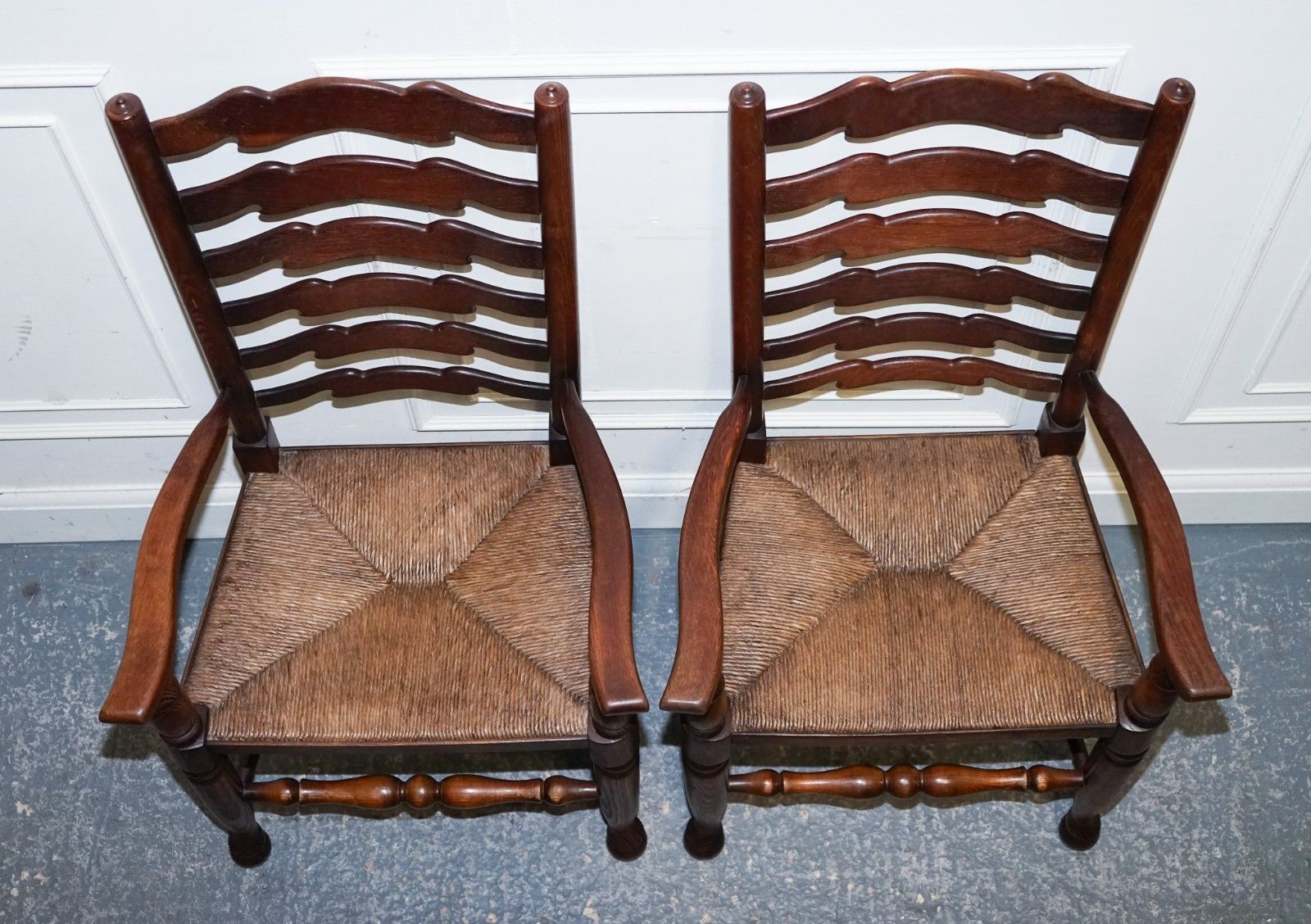 2250.0 Set Of Six English Antique Circa 1910 Ladderback Rush Seat Dining Chairs photo