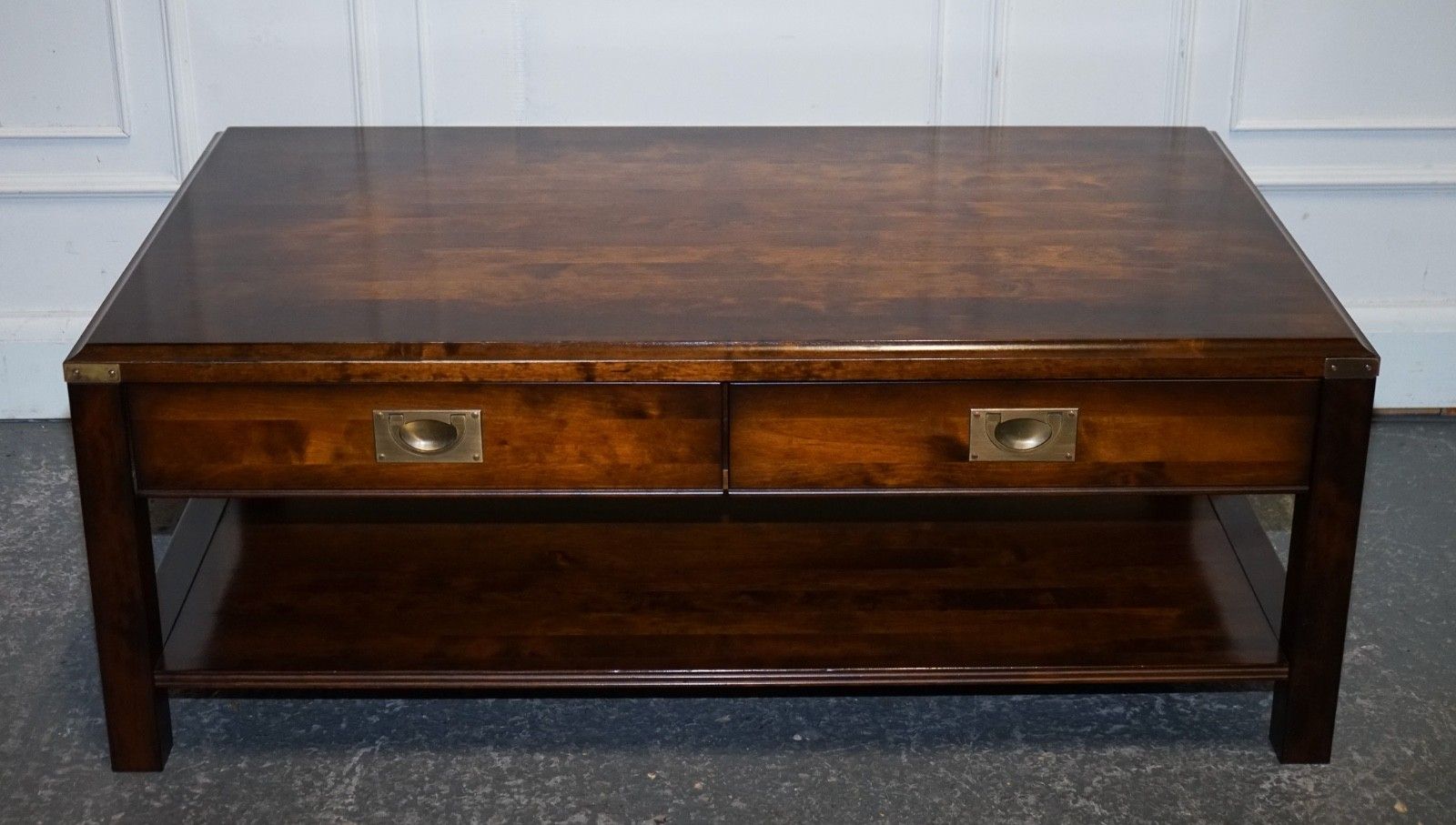 Vintage Military Campaign Mahogany & Brass Coffee Table With Two Drawers photo for sale