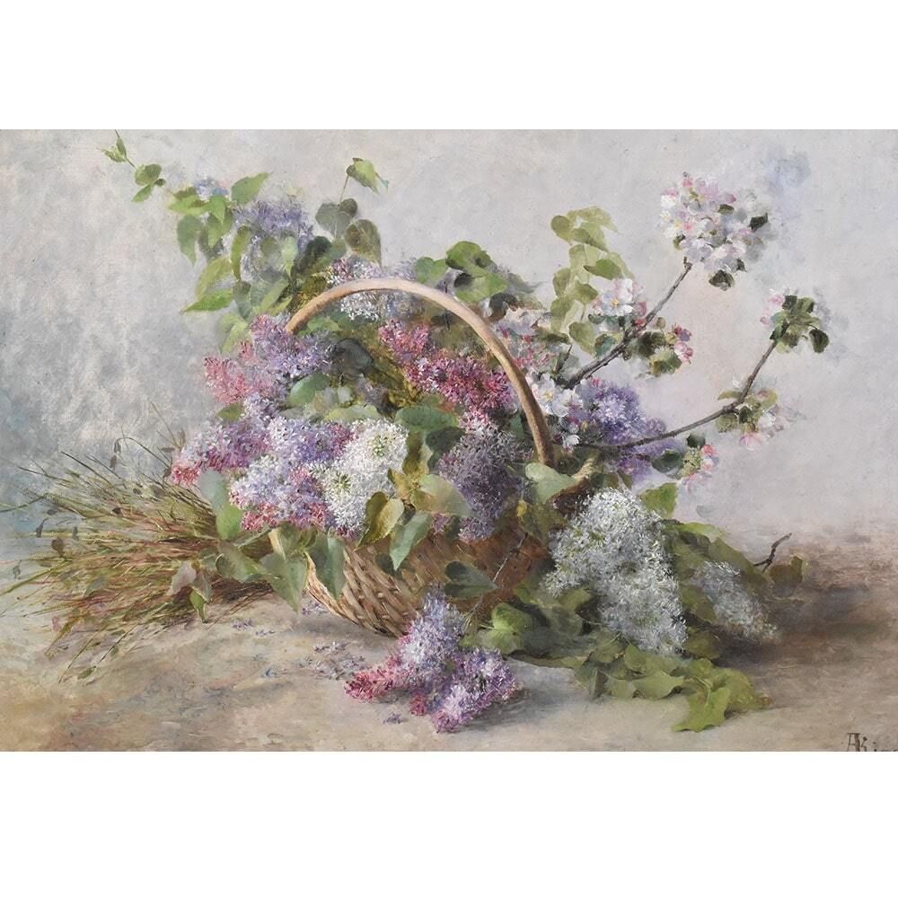 Antique Flower Painting, Lilac Flowers, Oil On Canvas, 20th Century photo for sale