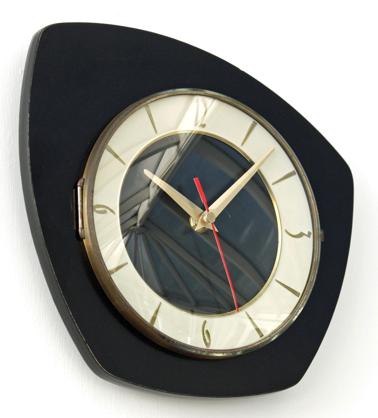 Vintage Retro Wall Clock   24cm French Mid Century Style Wooden Black Formica 1970s Atomic Gift Off The Wall Clocks photo furniture