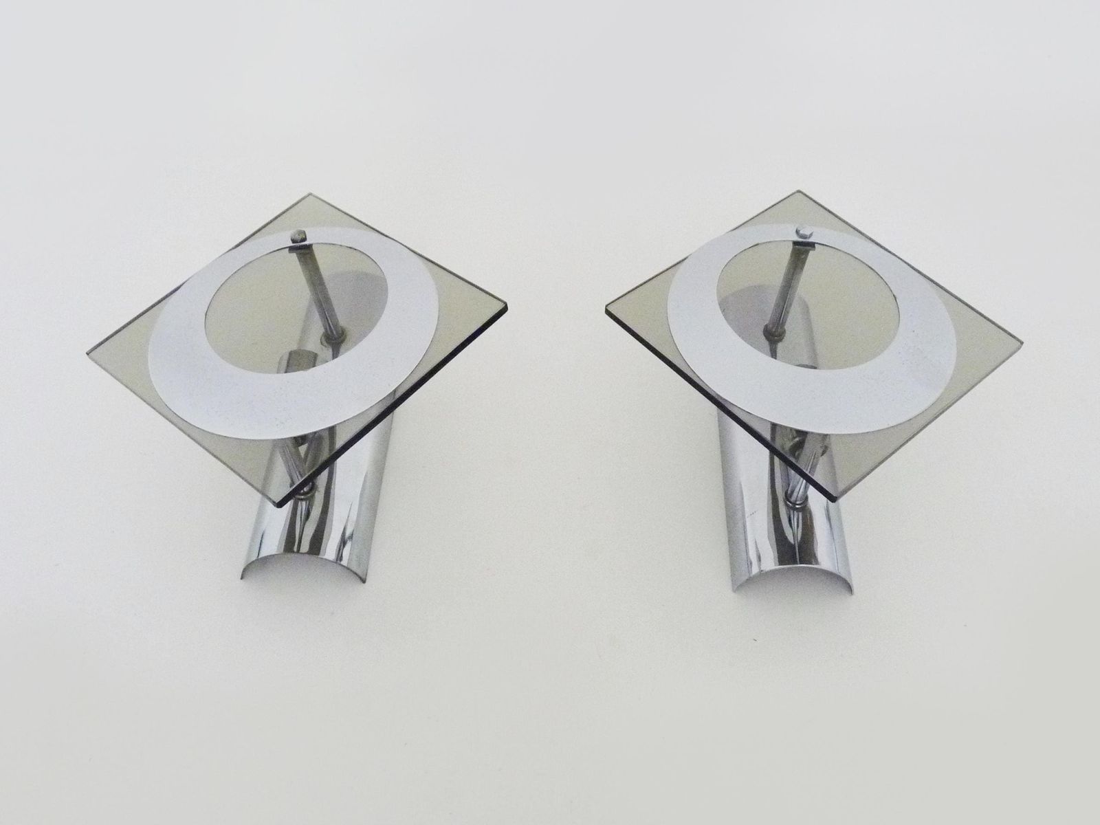 Pair Of Chrome Plated Metal And Glass Wall Sconces, Veca Fontana Arte Style. 1970s photo Lighting