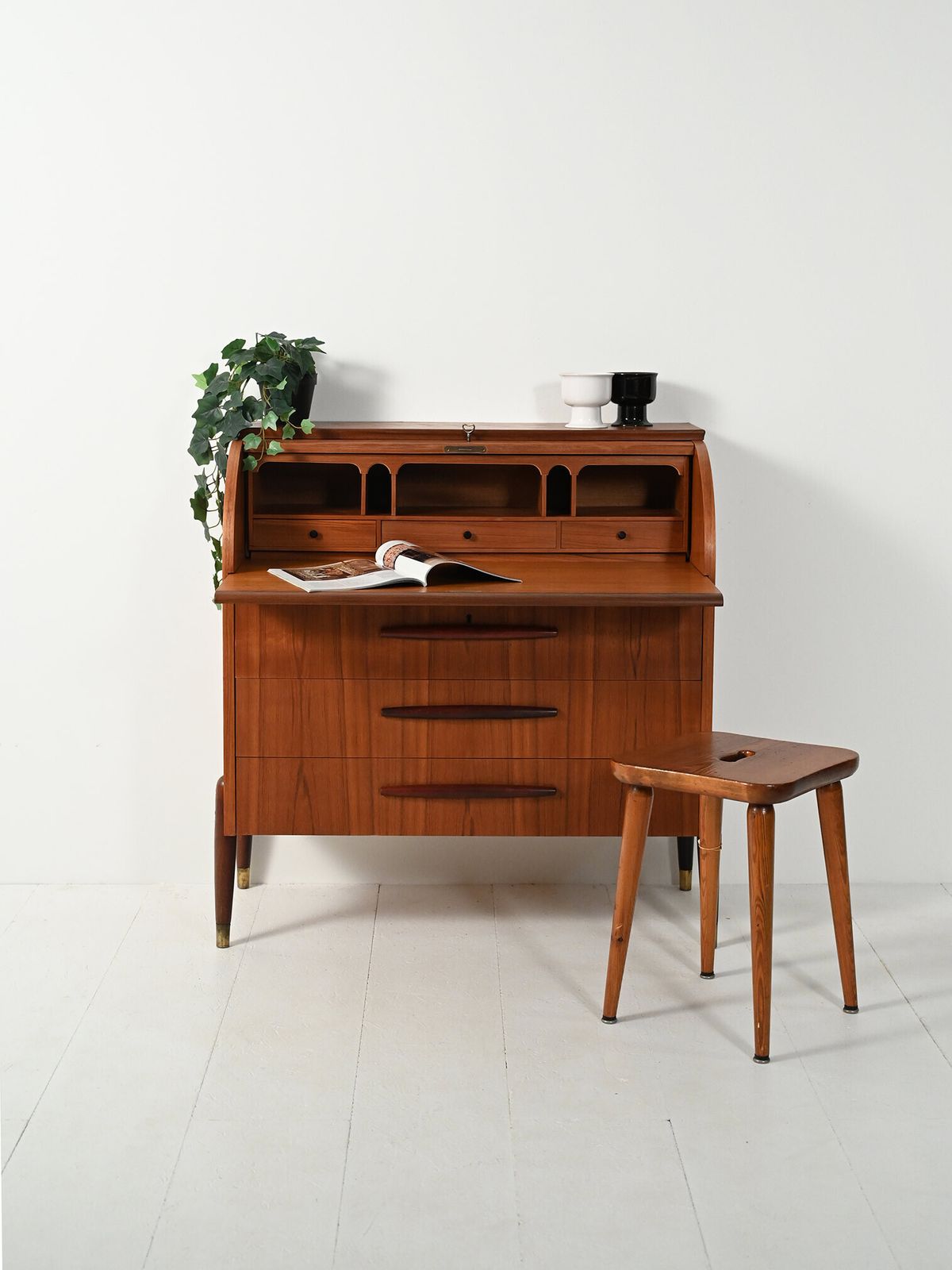 1950s Teak Secretaire With Elongated Carved Handles