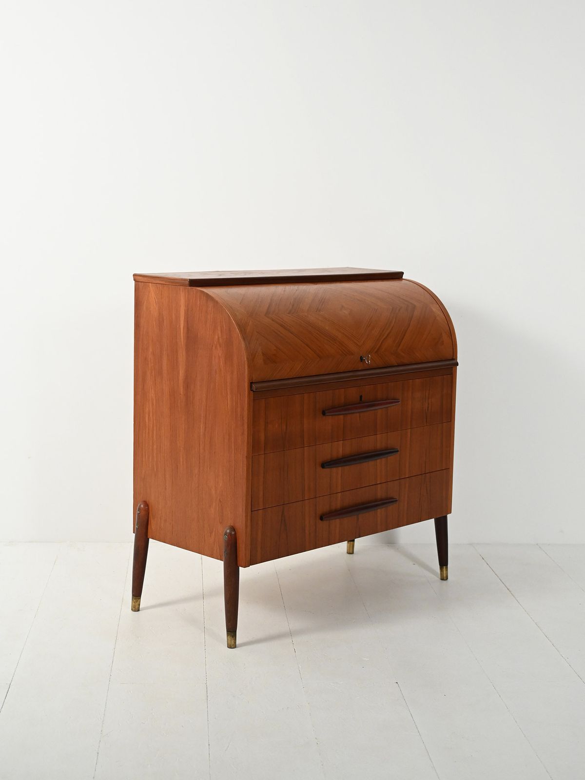 1950s Teak Secretaire With Elongated Carved Handles photo Furniture