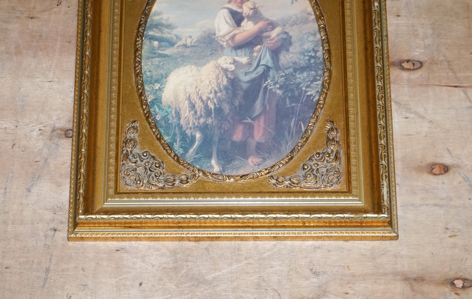 Vintage Victorian Style Print Young Shepherdess Gitled Frame 53 X 42 Cm photo Art