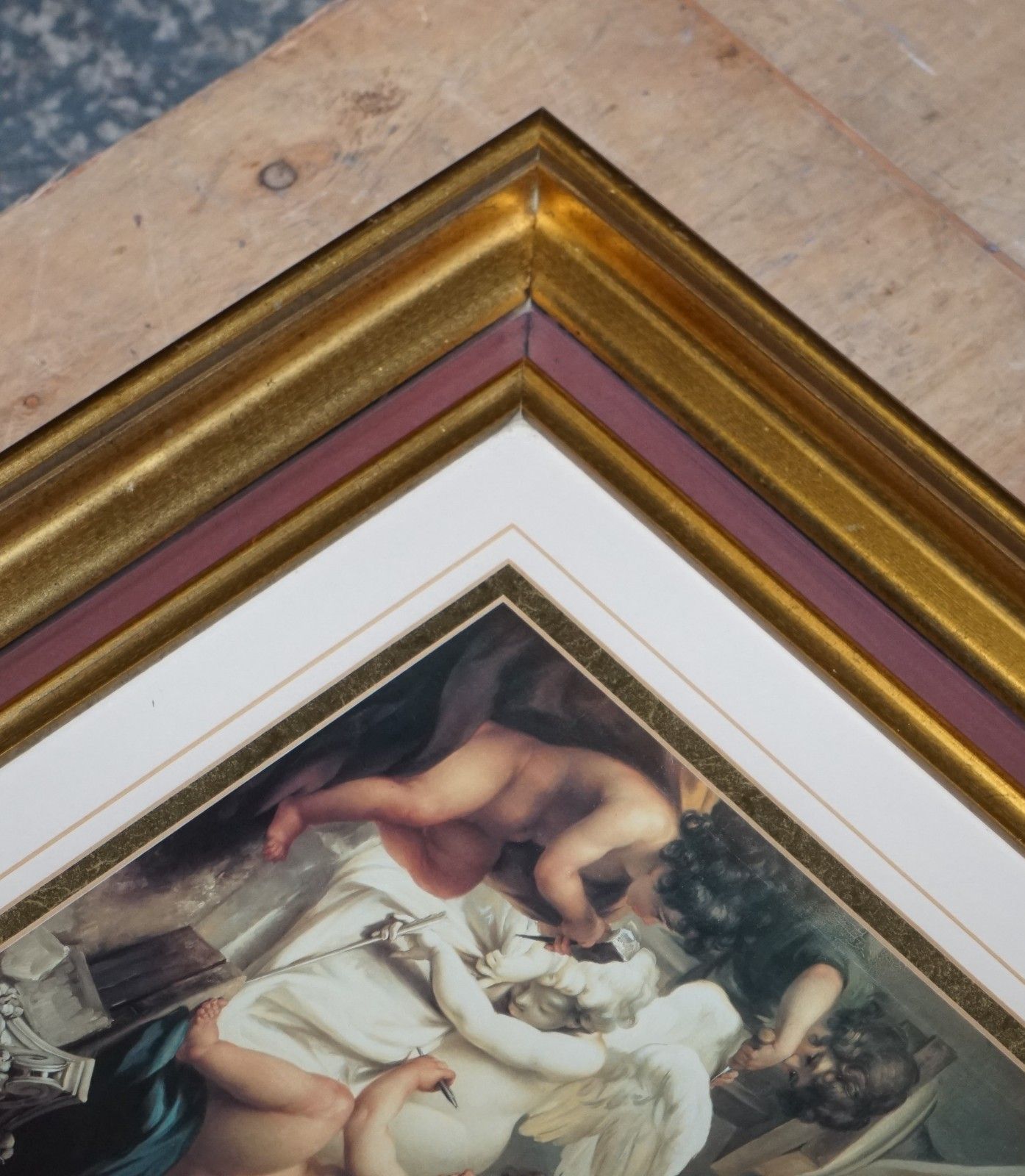 Vintage Renaissance Style Print Cherubs Sculpting An Angel Gold Frame 58 X 53 Cm photo buy