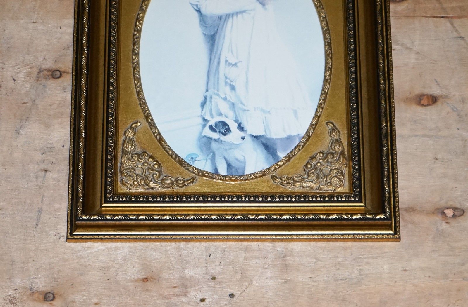 Vintage Print Gilted Frame Little Girl And Dog Posing 52 X 42 Cm photo Art