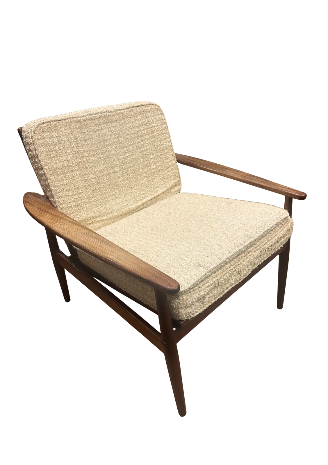 Teak Armchair With Rattan Backrest & Bouclé Cover
