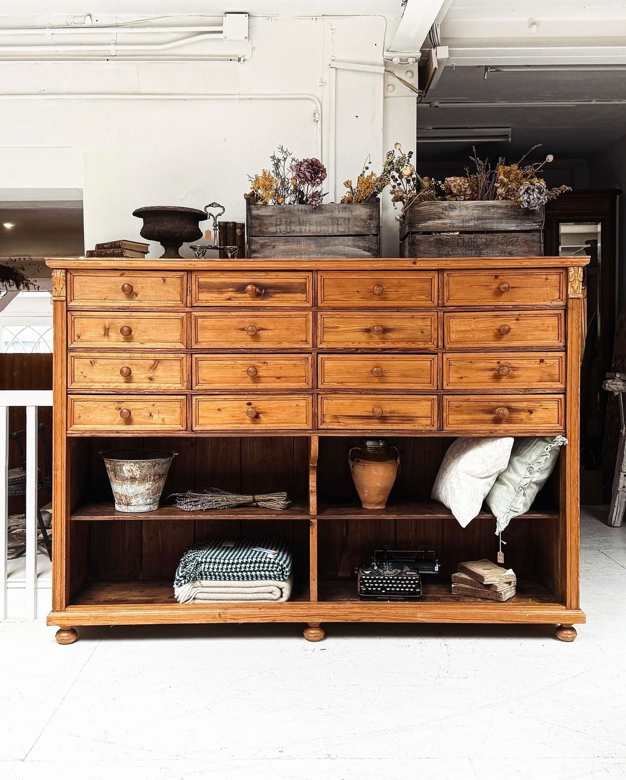 photo for sale Large Antique Dutch Pine Haberdashery Bank Of Drawers Shelves