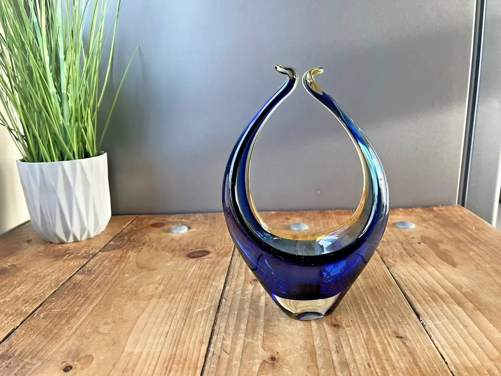 80.0 Vintage 60's Murano Sommerso Blue Amber Clear Sculpture Basket Bowl Ccc Retro photo