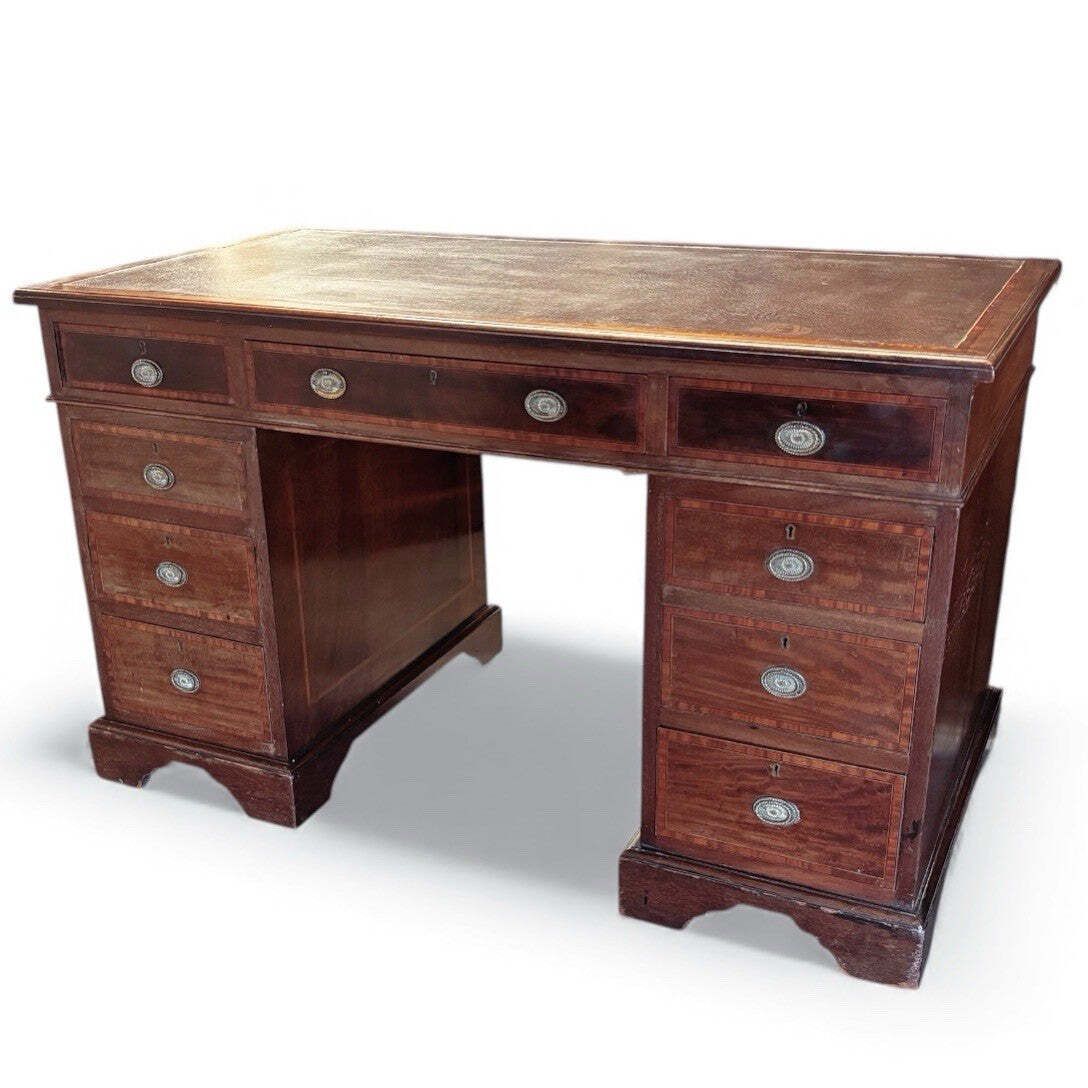 Edwardian Inlaid Mahogany Pedestal Desk With Brown Top.