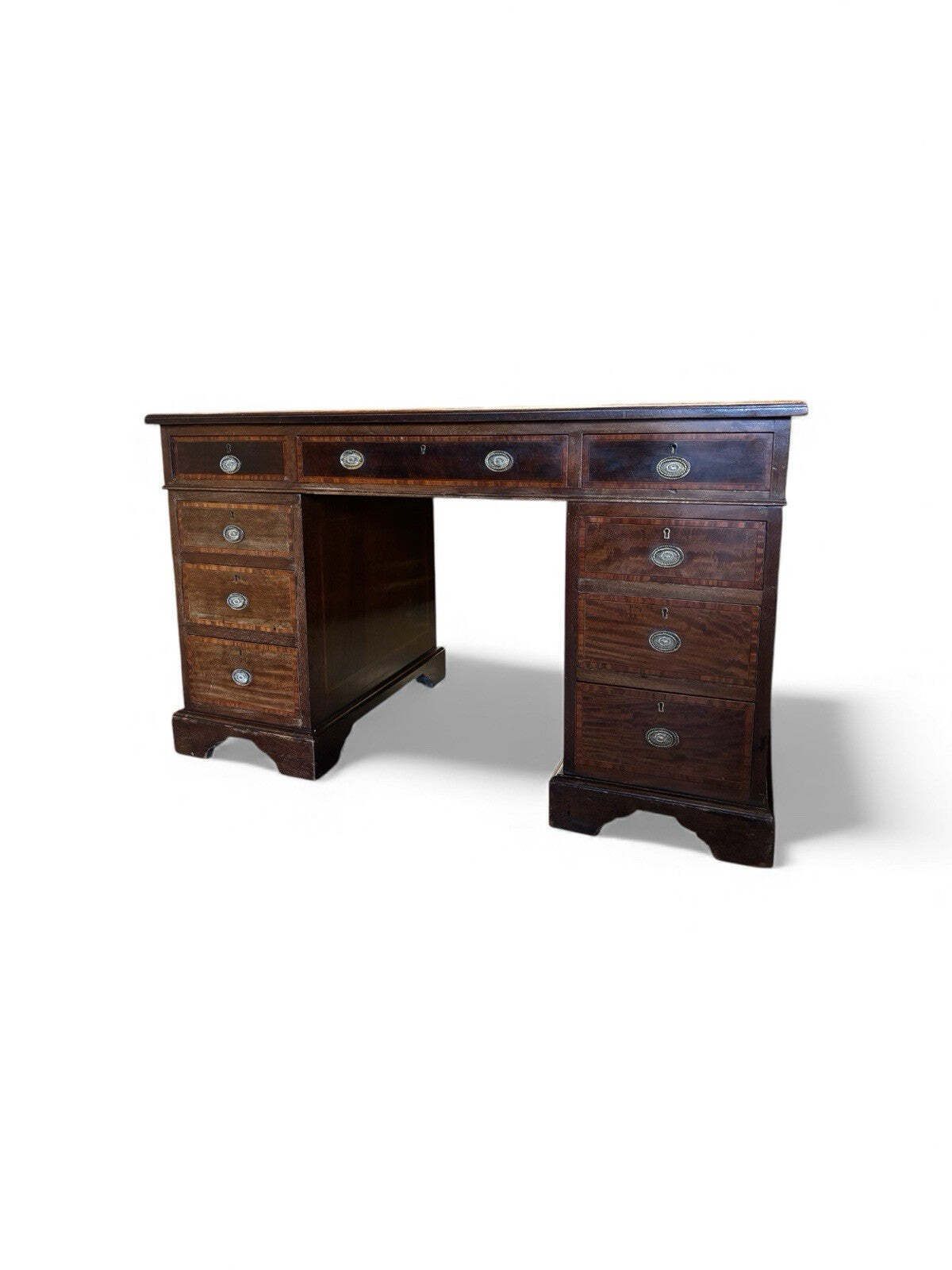 Edwardian Inlaid Mahogany Pedestal Desk With Brown Top. photo furniture
