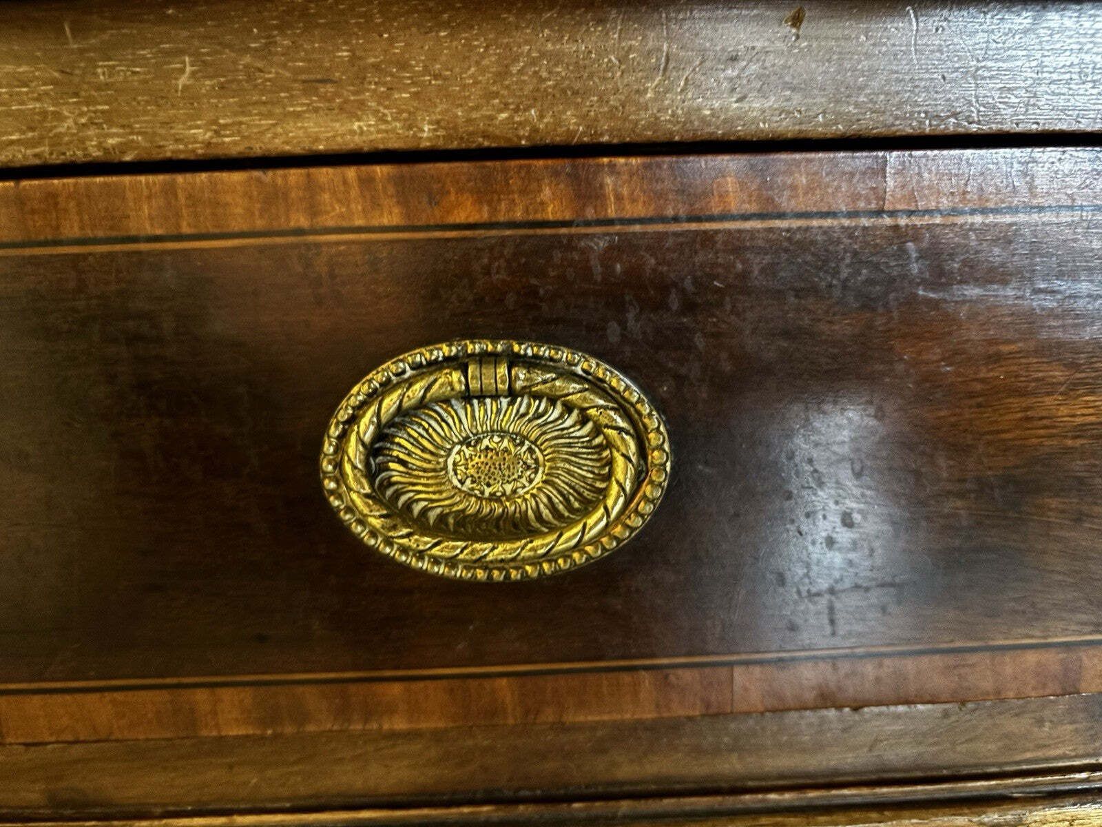 812.0 Edwardian Inlaid Mahogany Pedestal Desk With Brown Top. photo