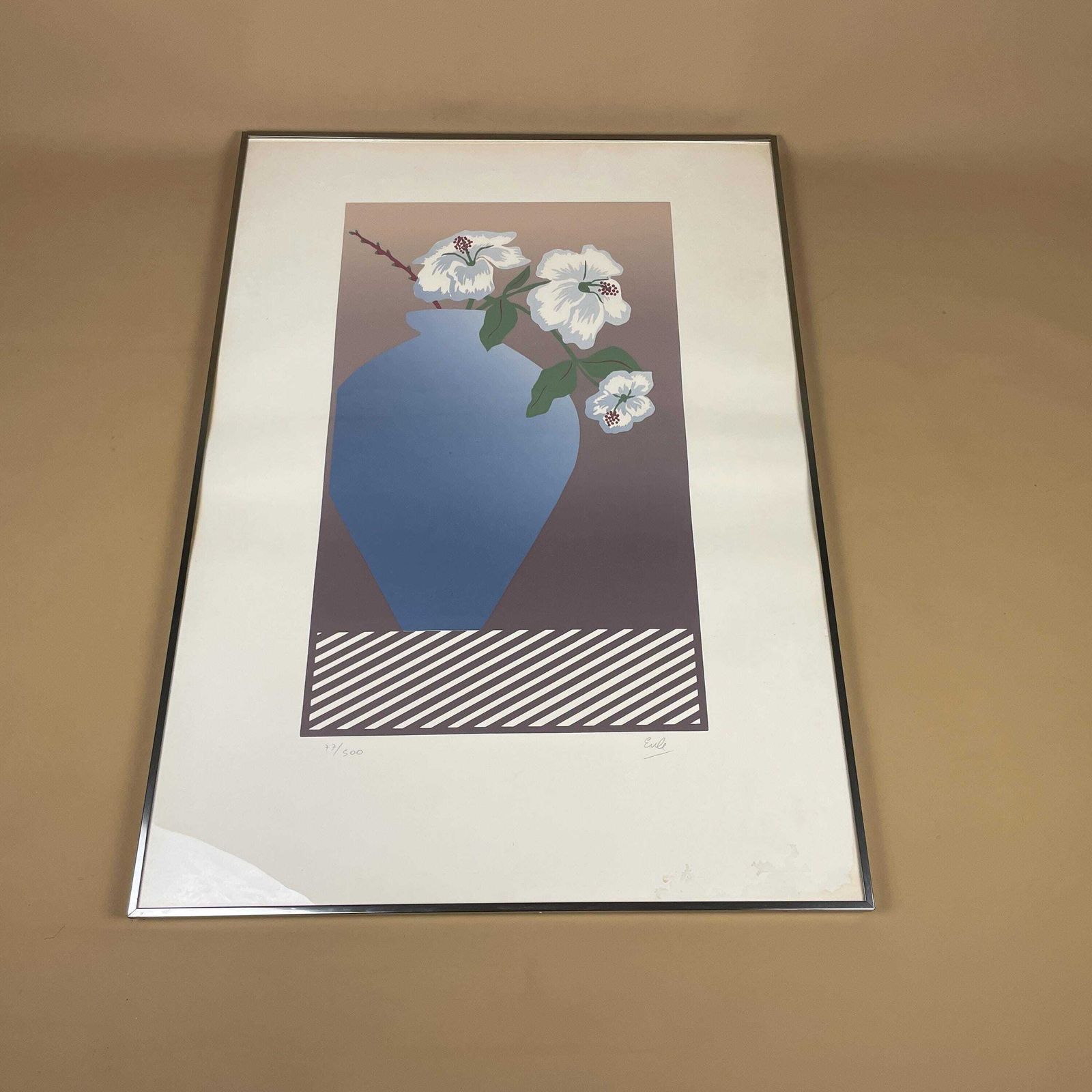 Modern Limited Edition Art Screen Print Signed Numbered 77/500 Floral Vase Contemporary Graphic Wall Art Blue White Silver Metal Frame photo furniture
