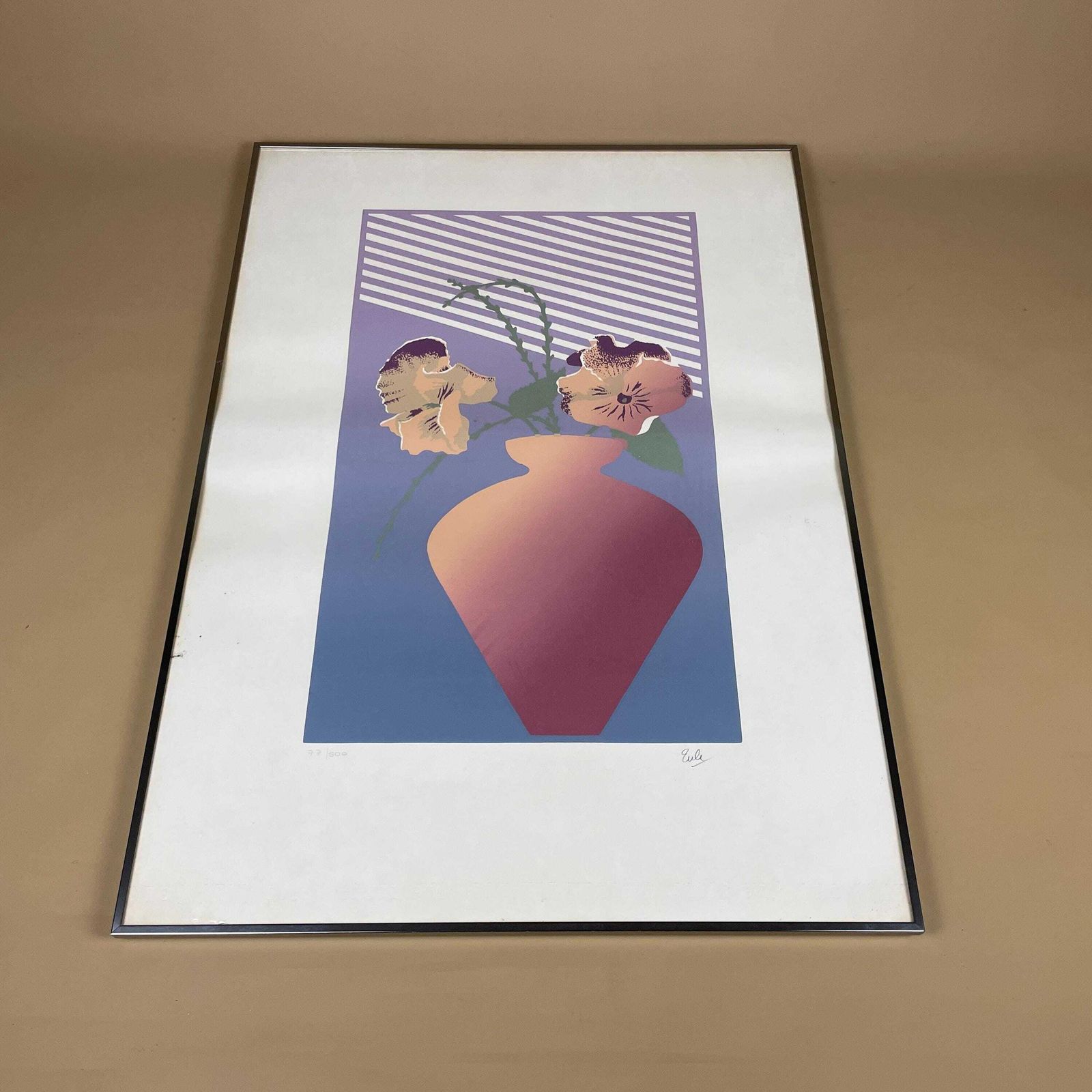 Modern Limited Edition Art Screen Print Signed Numbered 77/500 Floral Vase Contemporary Graphic Wall Art Purple Silver Metal Frame