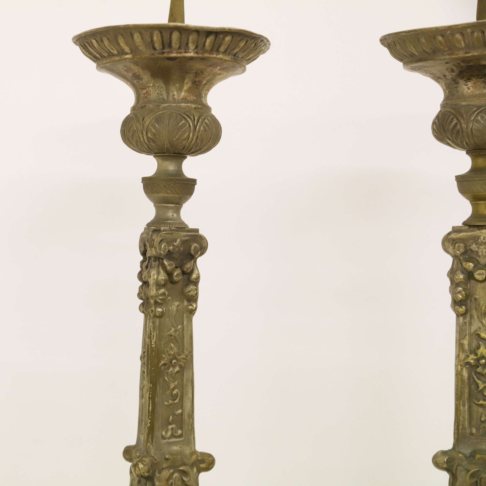 Pair Of Antique French Pricket Candlesticks With Angels And Traces Of Silver Plate photo vinterior