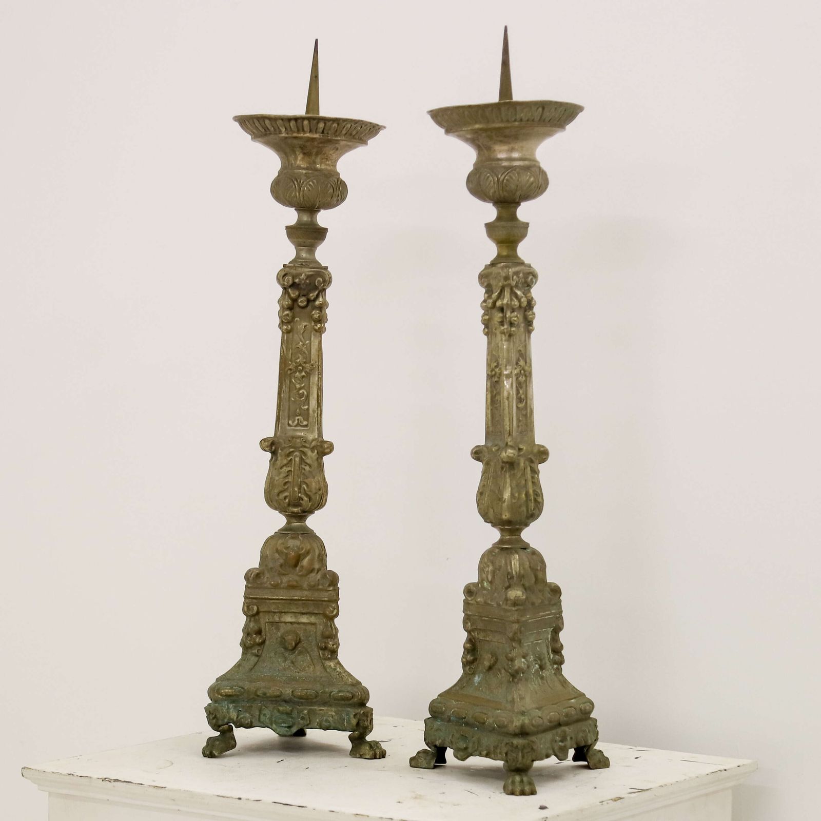 Pair Of Antique French Pricket Candlesticks With Angels And Traces Of Silver Plate photo buy