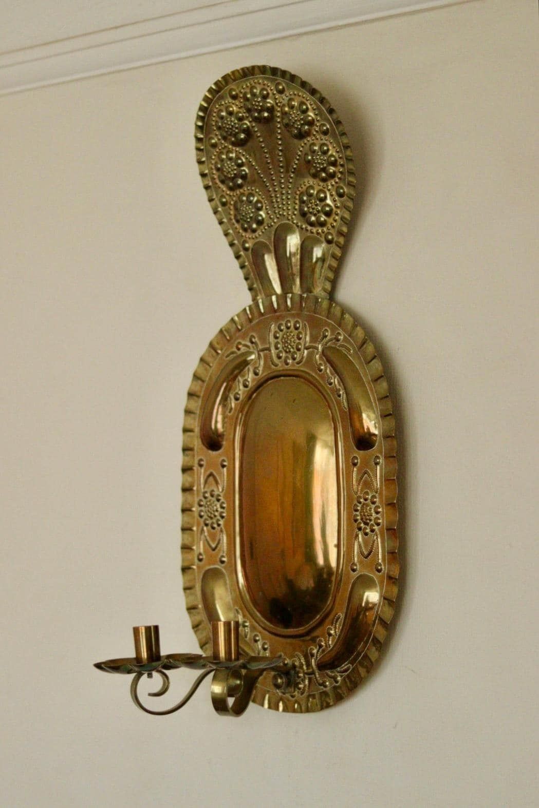 photo for sale X Large Mid Century Swedish Brass Baroque Sconce With Double Arm Design