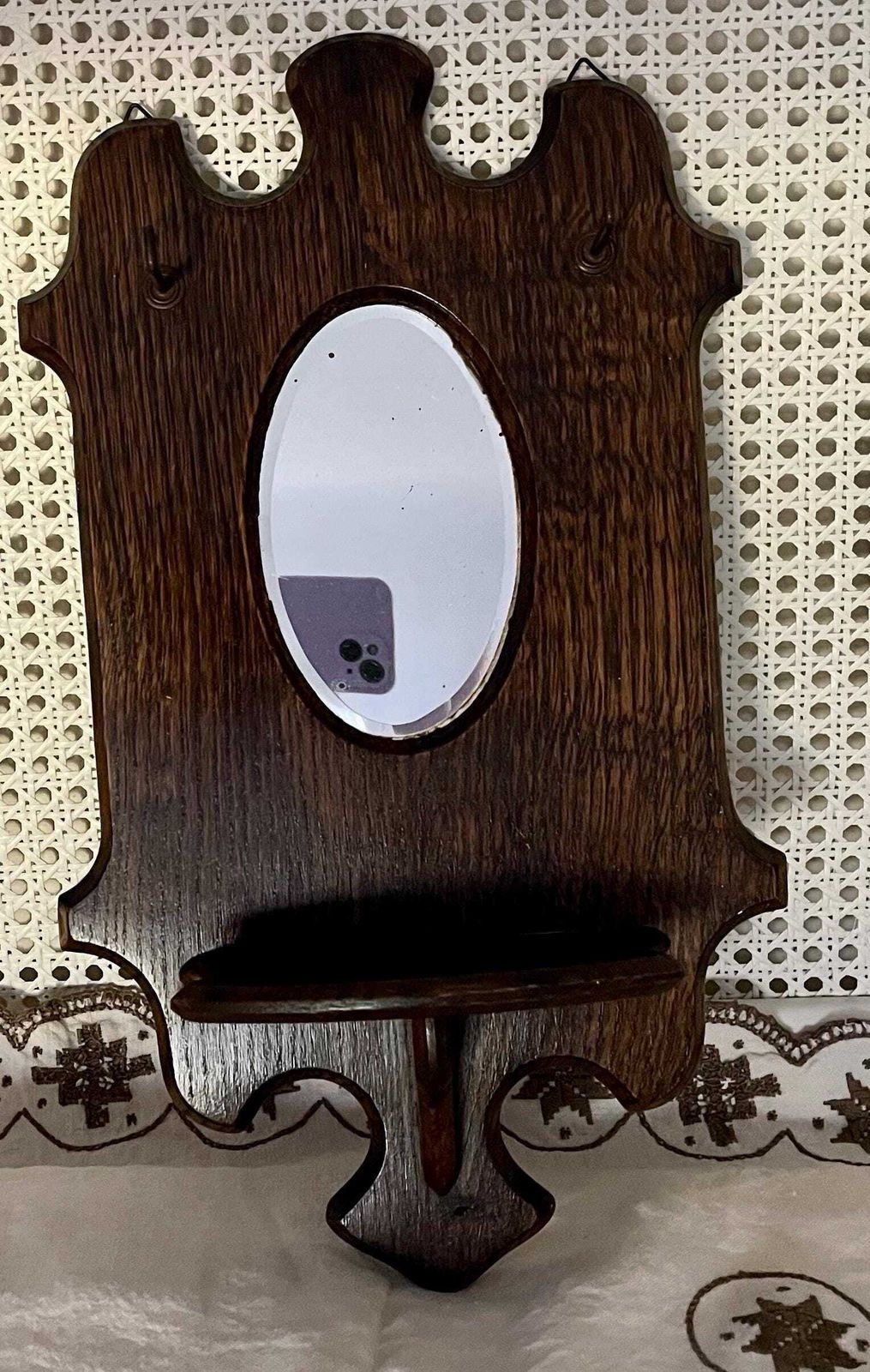 Small Antique Arts & Crafts Oval Mirror With Carved Shelf And Hooks Ready To Hang photo 55.0