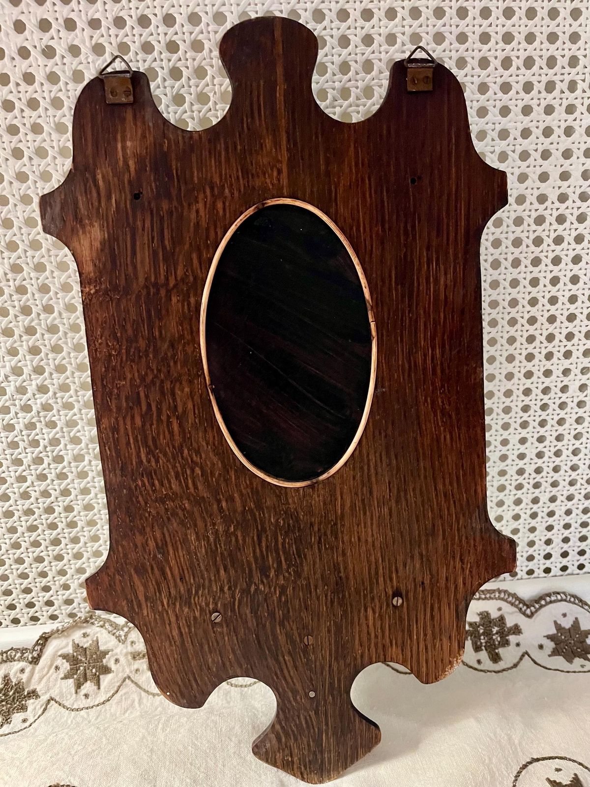 Small Antique Arts & Crafts Oval Mirror With Carved Shelf And Hooks Ready To Hang photo vintage