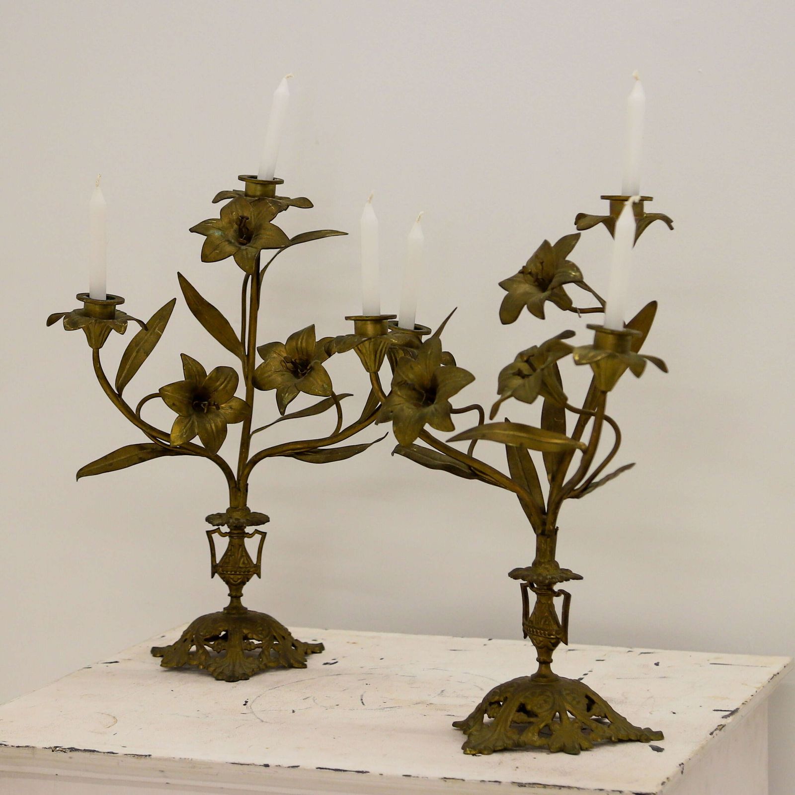Pair Of Antique French Gilt Church Candelabra With Floral Branches, C.1900 photo buy