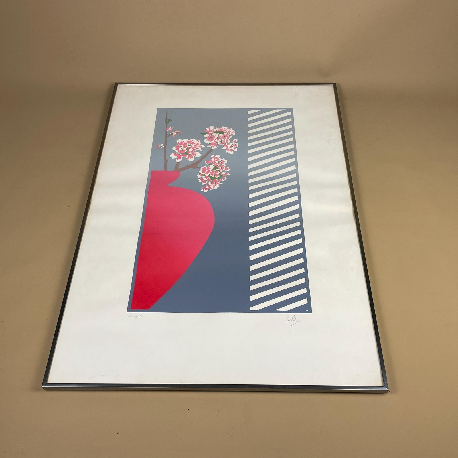 Modern Limited Edition Art Screen Print Signed Numbered 77/500 Floral Vase Contemporary Graphic Wall Art Red Blue Silver Metal Frame photo for sale