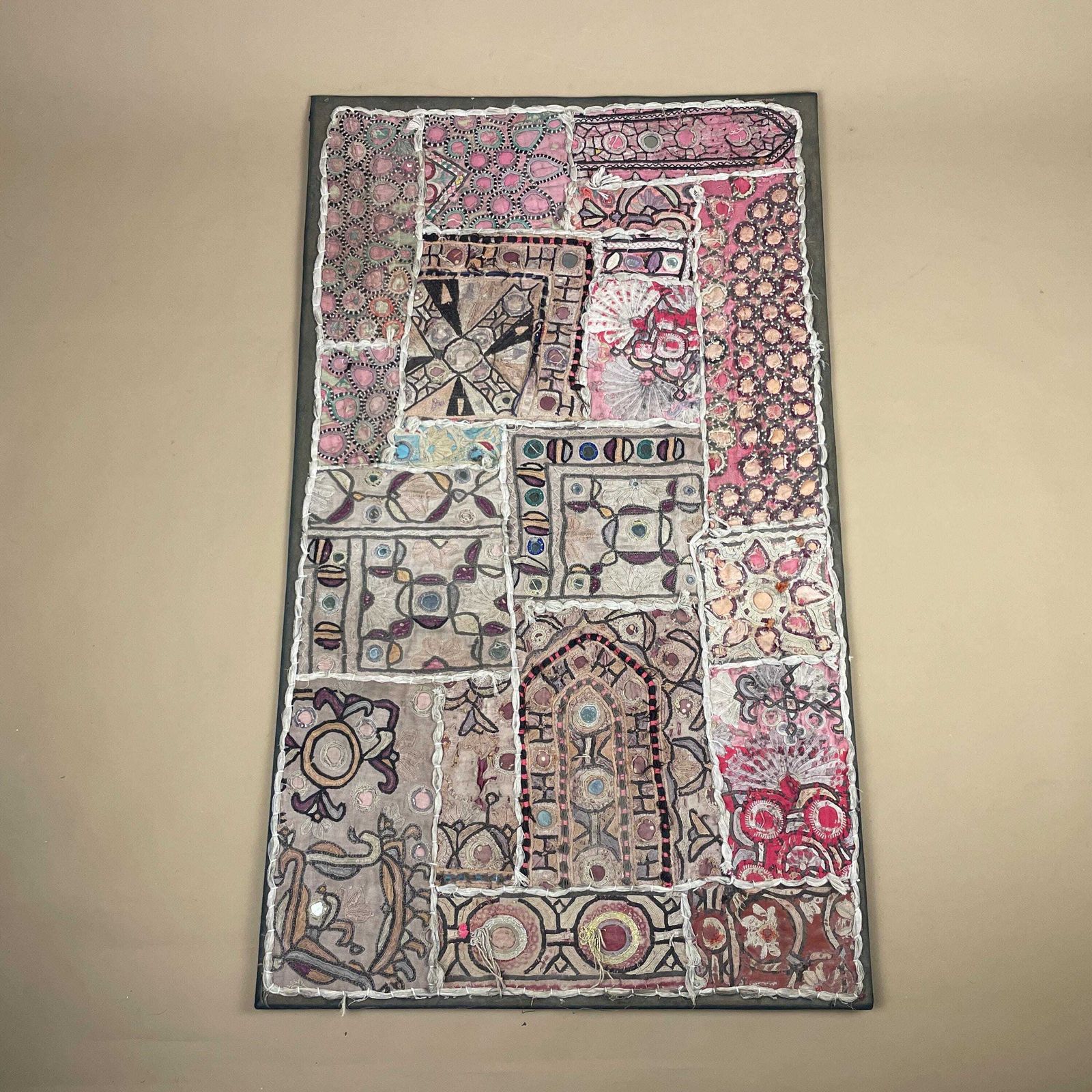 Vintage Indian Textile Patchwork Embroidered Fabric On Board Art Artwork Pink Boho Folk Accent Home Decor photo furniture