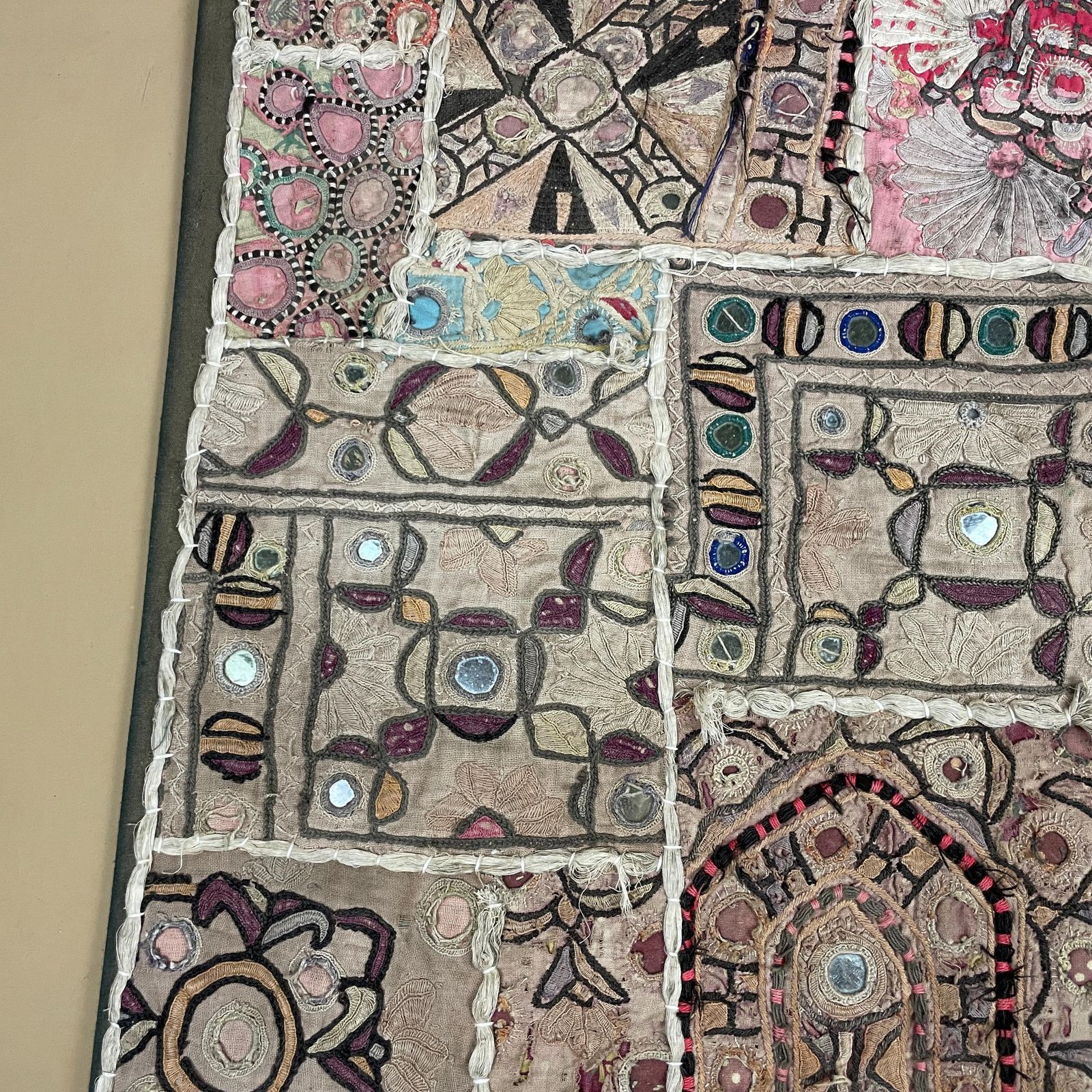 Vintage Indian Textile Patchwork Embroidered Fabric On Board Art Artwork Pink Boho Folk Accent Home Decor photo vinterior