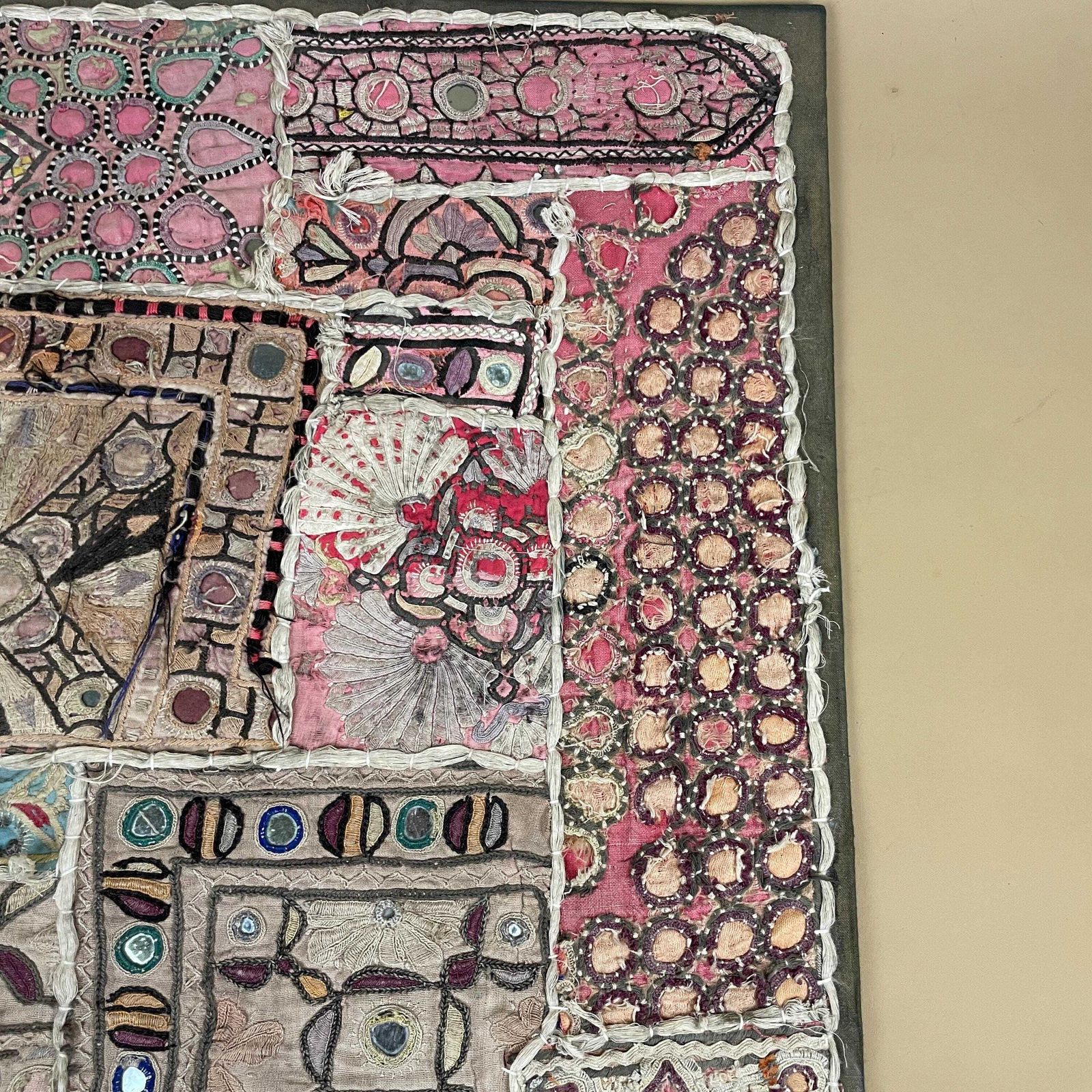 Vintage Indian Textile Patchwork Embroidered Fabric On Board Art Artwork Pink Boho Folk Accent Home Decor photo buy