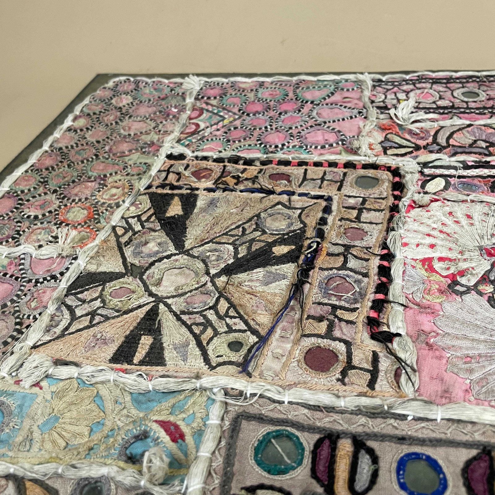 photo furniture Vintage Indian Textile Patchwork Embroidered Fabric On Board Art Artwork Pink Boho Folk Accent Home Decor