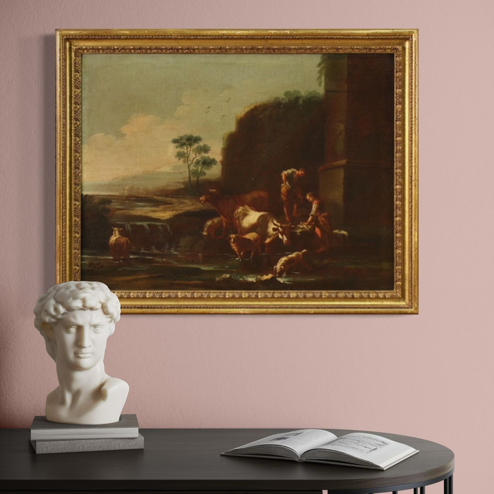 Painting Of The Roman School Of The 17th Century, Landscape With Pastoral Scene photo vintage