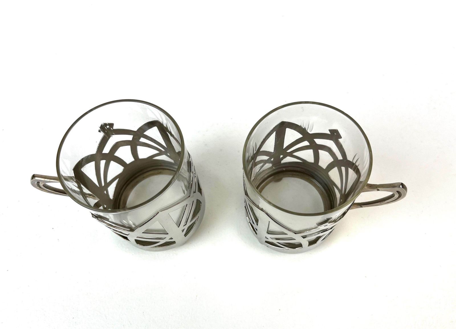 Stunning Avant Garde Pair Of Bauhaus Art Deco Tea & Coffee Glass Cups In Silver Plated Holders photo for sale