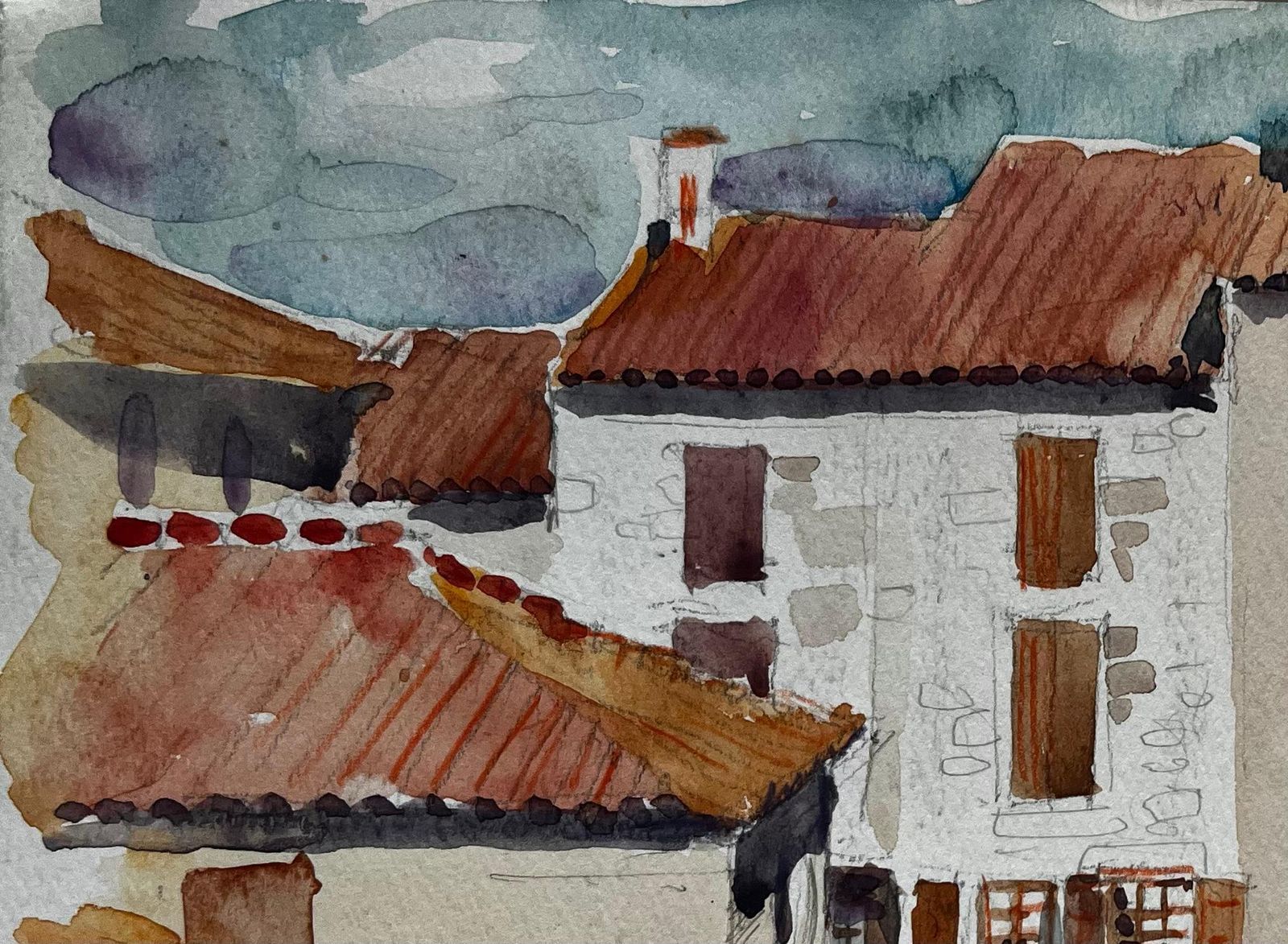 Pierre Neveu French Village Street Scene Terracotta Rooftops Stone Houses And Green Door photo for sale