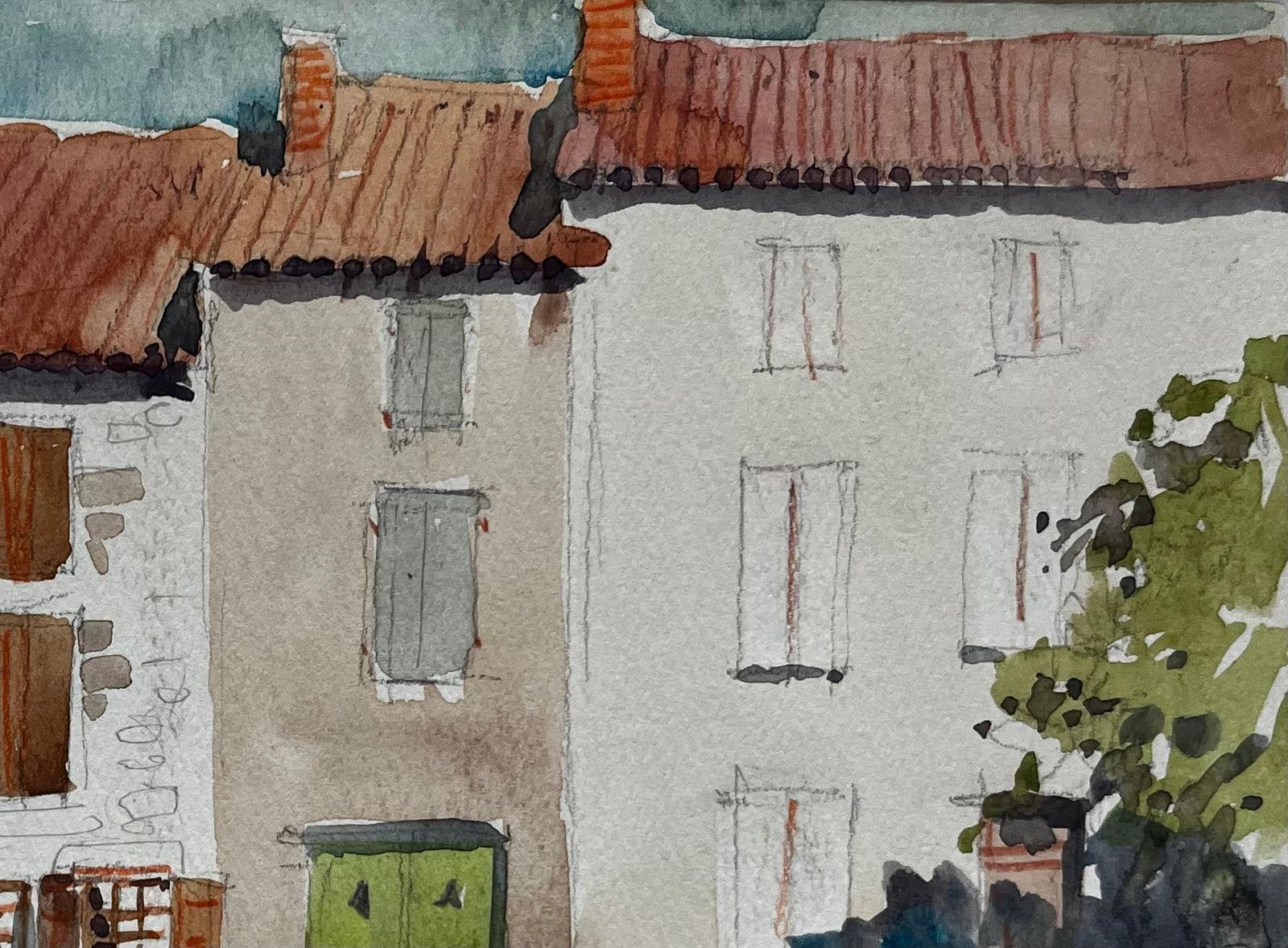 Pierre Neveu French Village Street Scene Terracotta Rooftops Stone Houses And Green Door photo vinterior