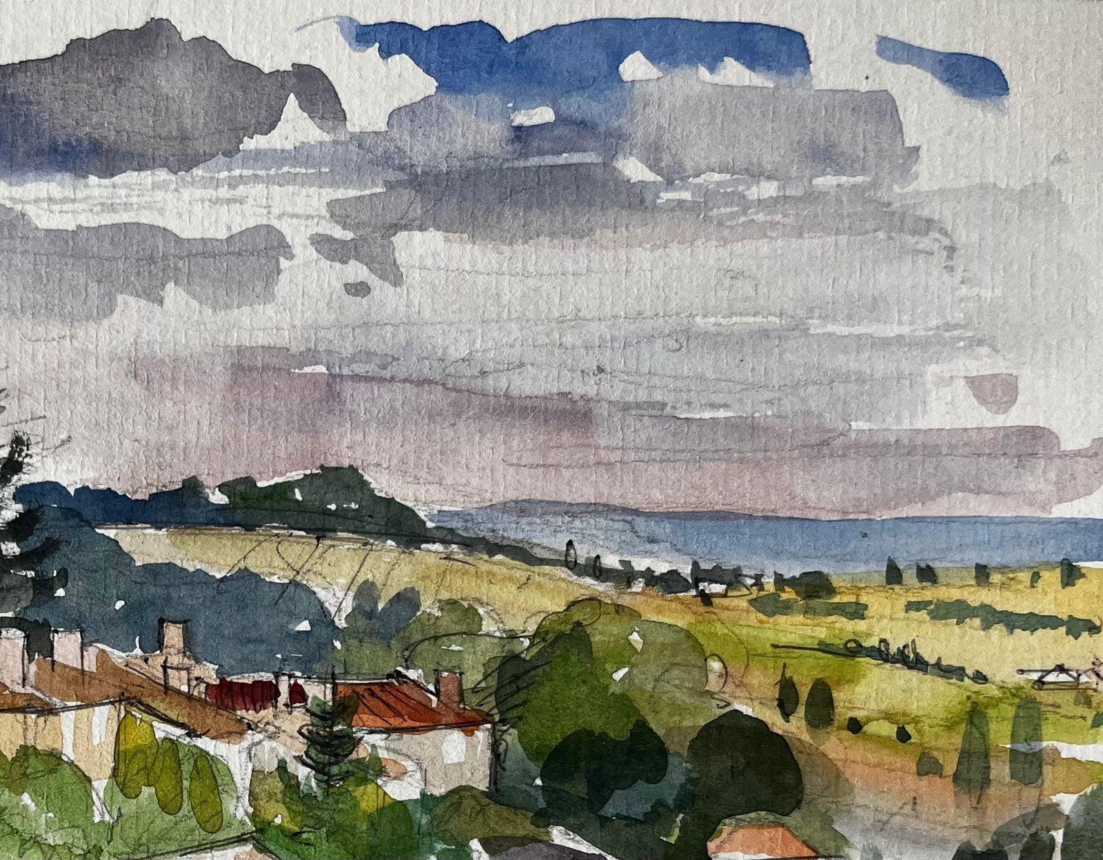 Pierre Neveu French Hilltop Village Fields Distant Landscape And Clouds Watercolor photo Art