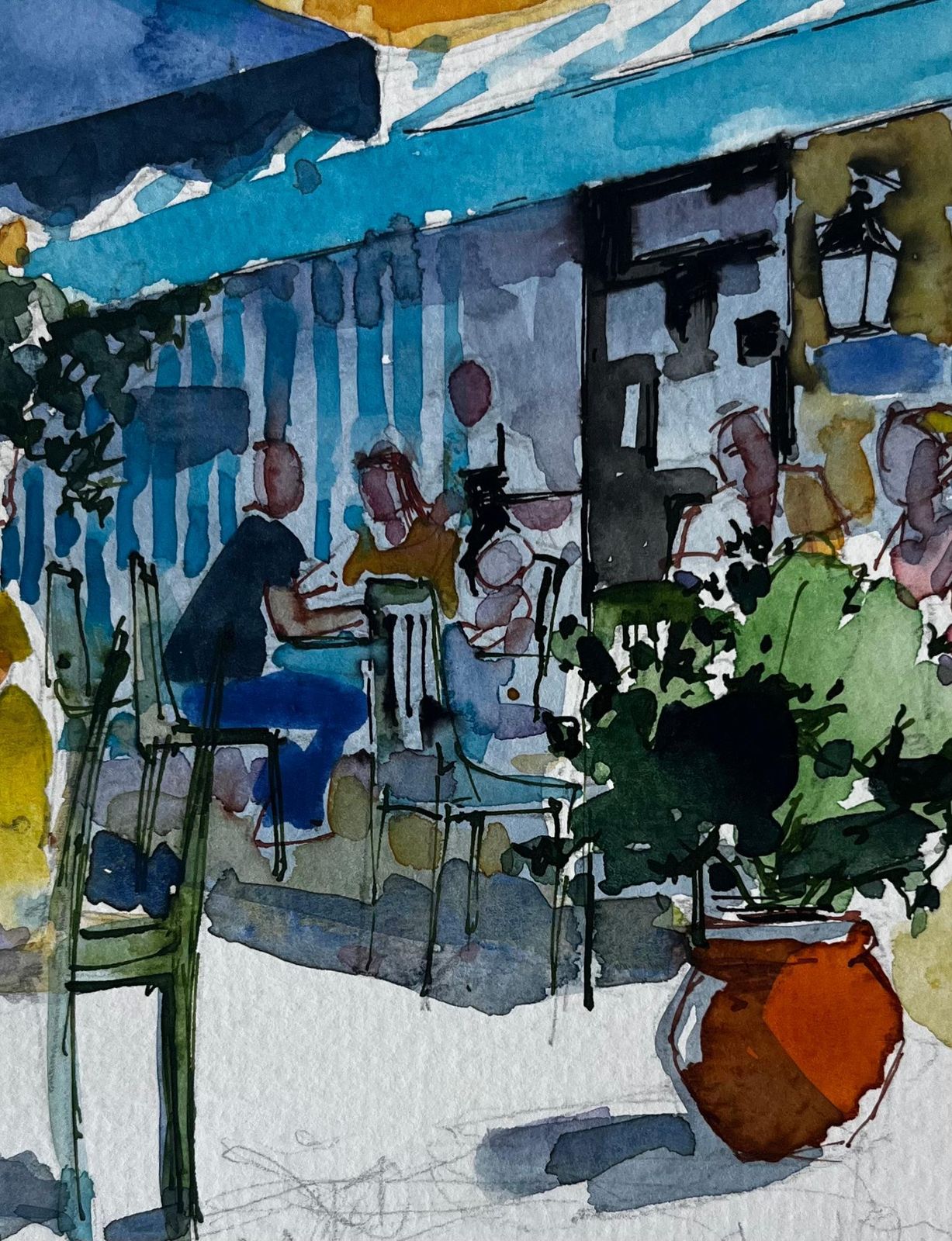 Pierre Neveu Mediterranean Café Terrace Figures Blue Awnings Sunlit Street Watercolor photo buy