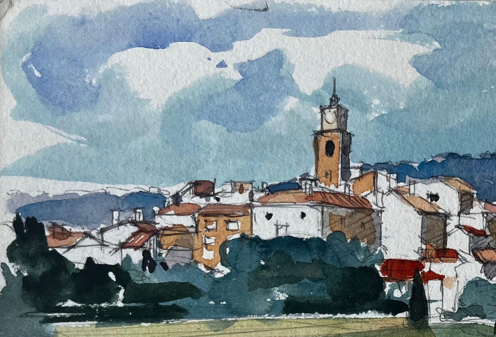 Pierre Neveu Sablet Village Hilltop View Church Tower Vineyards And Red Earth Watercolour photo for sale