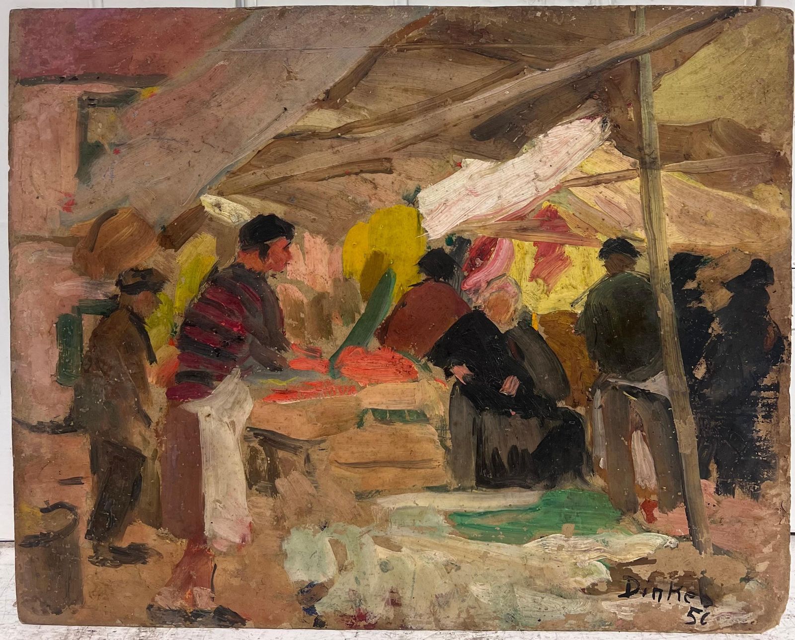 Suzanne Dinkes French 1950's Signed Oil Painting Busy Fruit & Veg French Market Scene Figures photo furniture